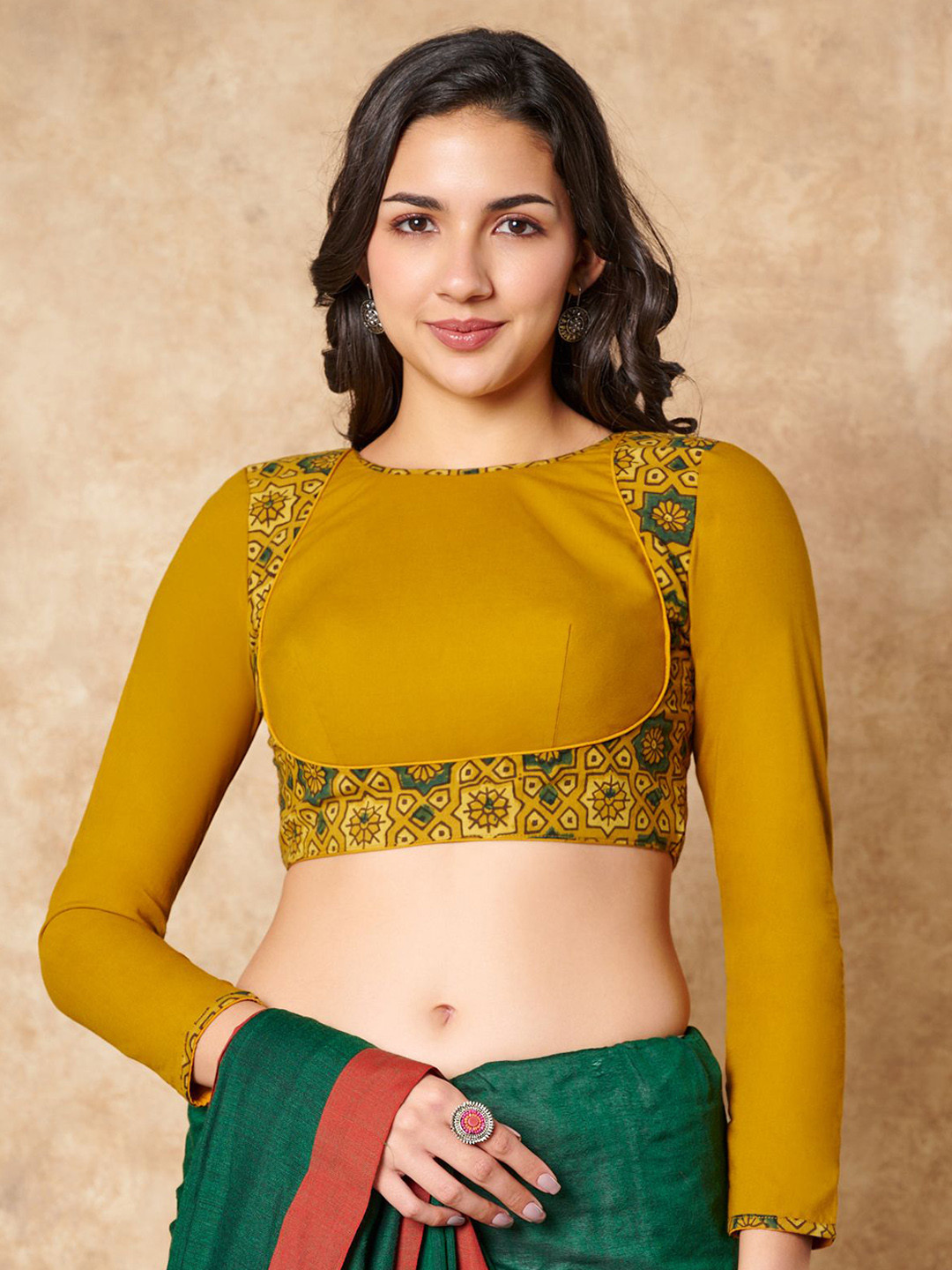 SALWAR STUDIO Women Yellow Ajrakh Hand Block Printed Pure Cotton Readymade Blouse