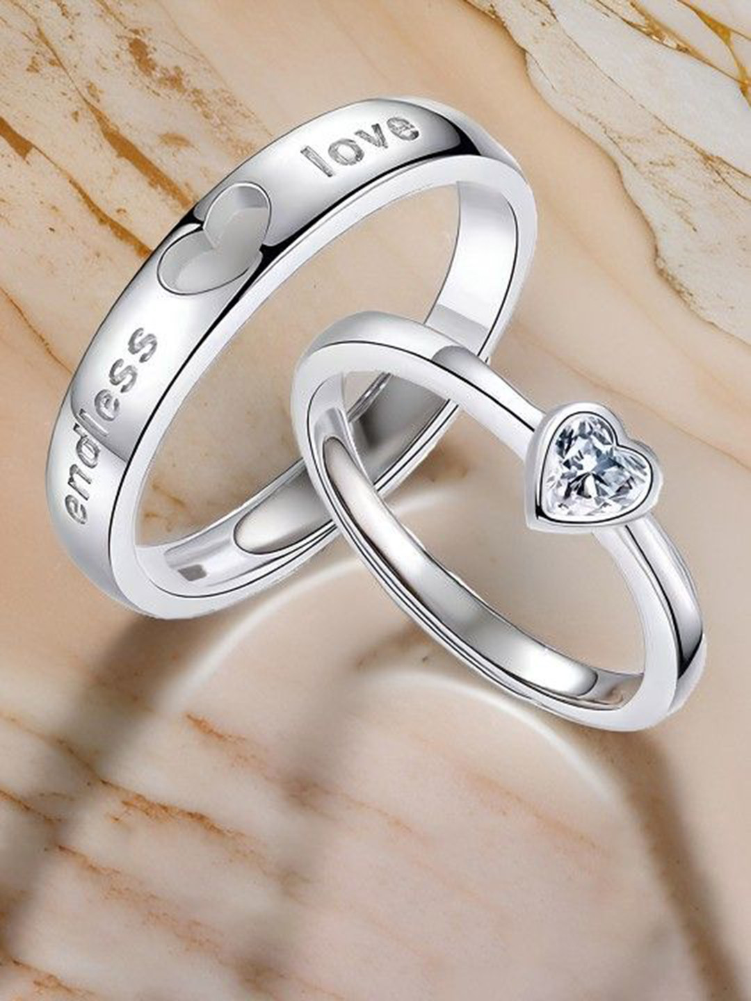 AGARWALPRODUCT Unisex Set Of 2 Silver-Plated CZ Studded Adjustable Promise Couple Rings