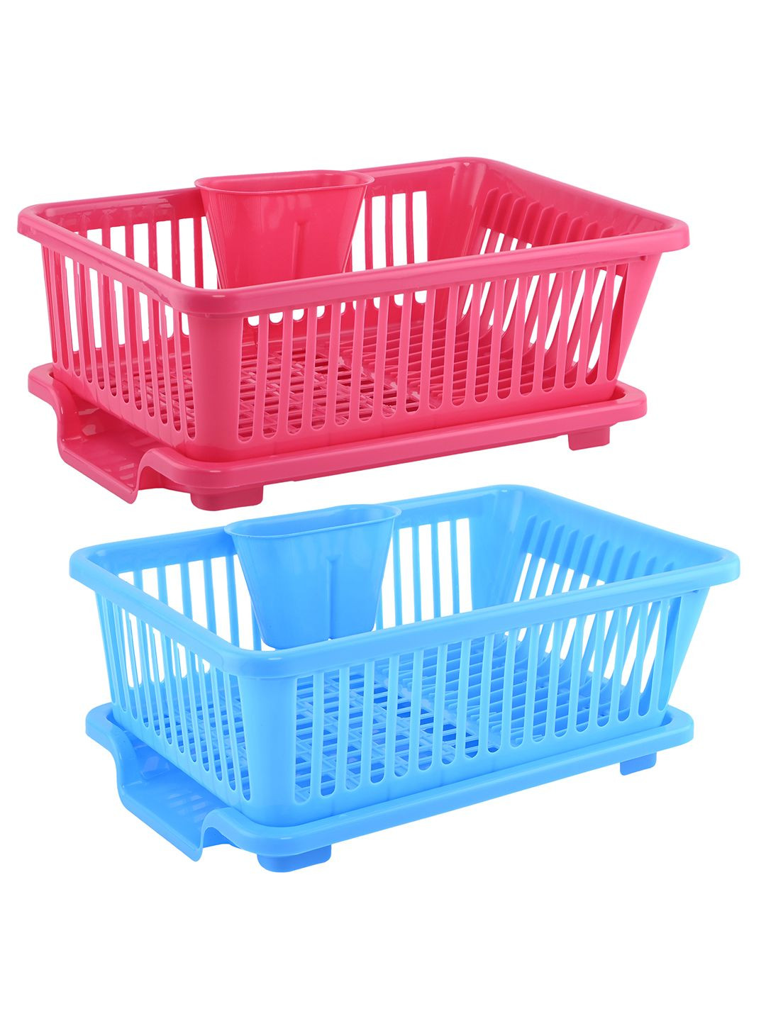 Kuber Industries Blue& Pink 2 Pieces Dish Rack with Drainers