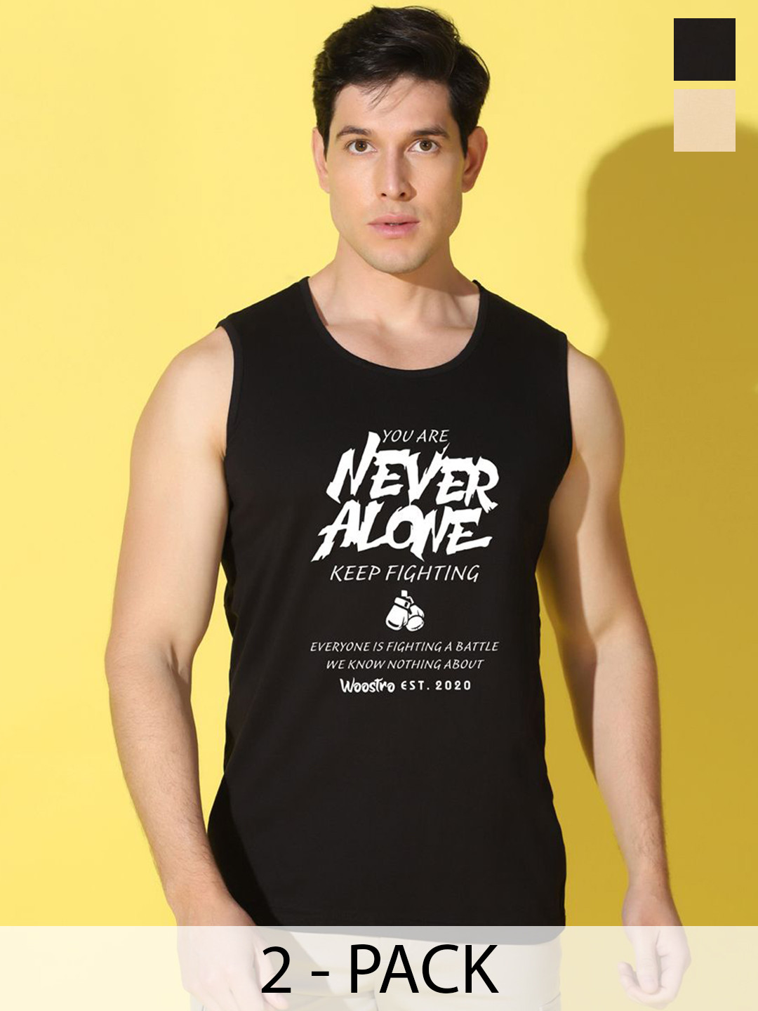 WOOSTRO Pack Of 2 Printed Combed Cotton Gym Vests VWS26(ALONE BLACK)(PLAIN RUST)