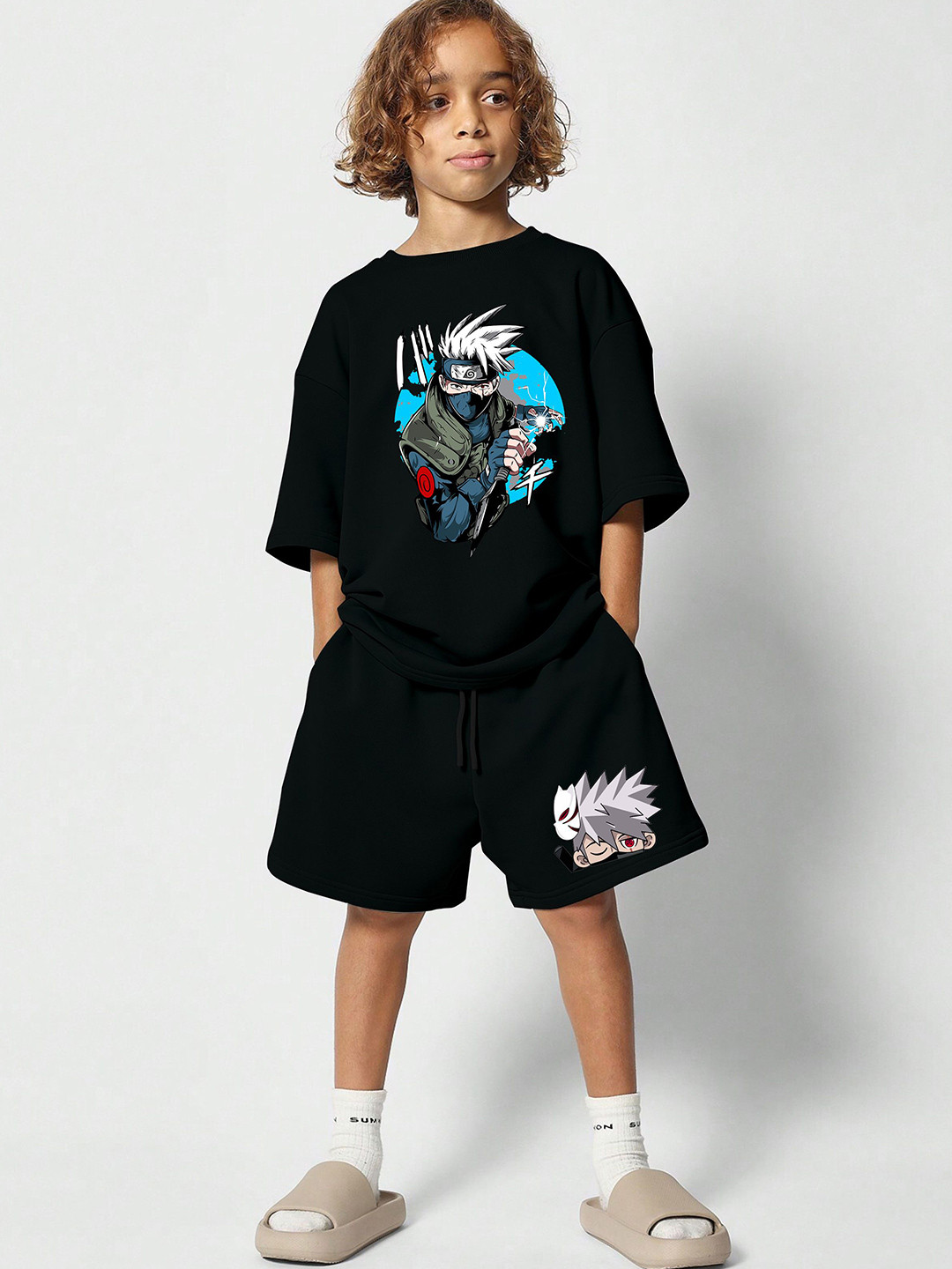 MODARUE Boys Naruto Kakashi Uchiha Printed Round Neck T-shirt With Shorts