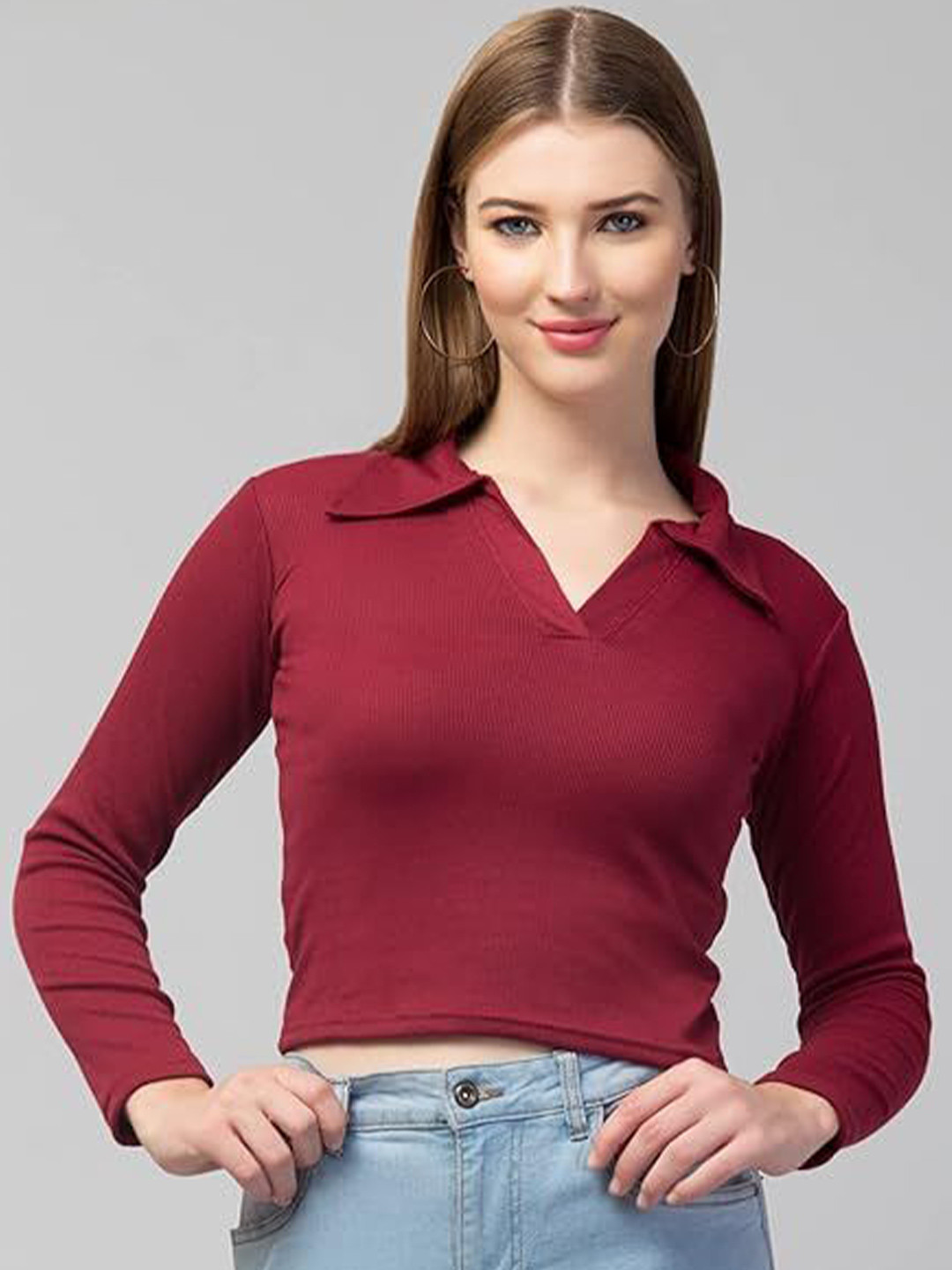 AGARU Women's Ribbed Polo Collar Full Sleeves Crop Top