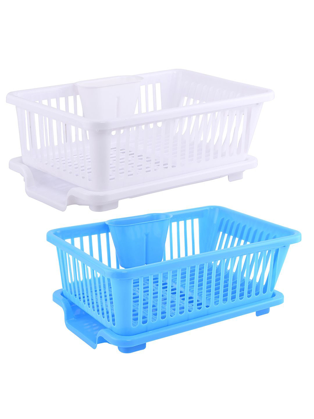 Kuber Industries White & Blue 2 Pieces 3 in 1 Durable & Stylish Dish Rack with Drainer