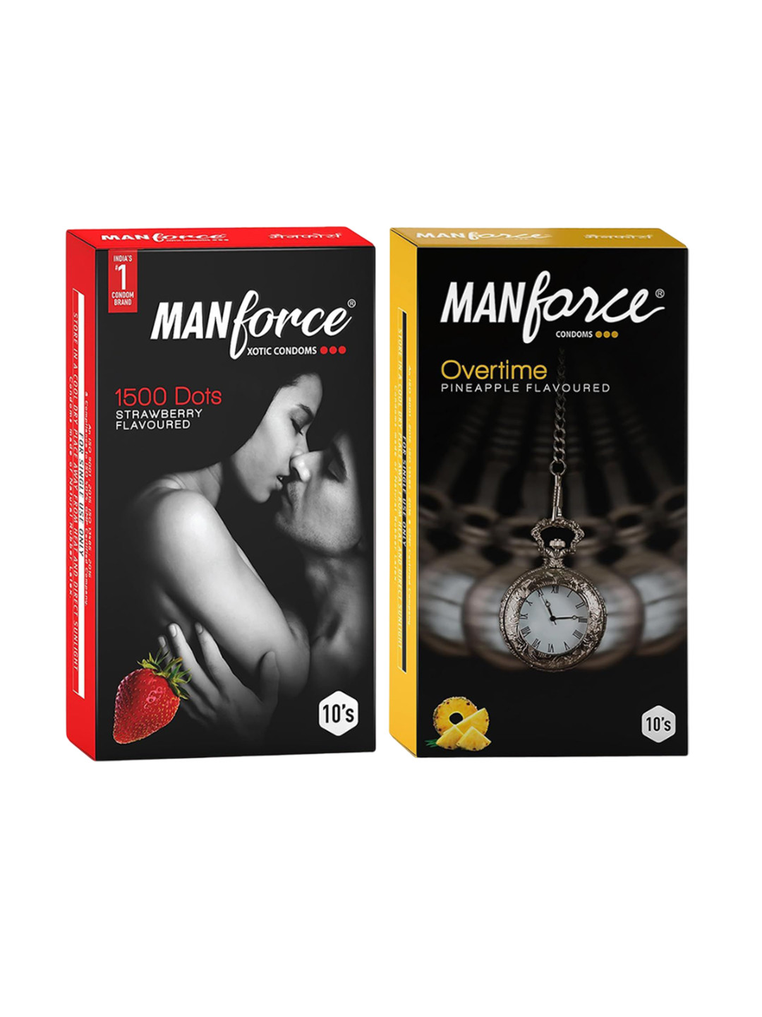 Manforce Men Set Of 2 Xotic Strawberry Condoms & Overtime Pineapple Condoms - 10 Pcs Each