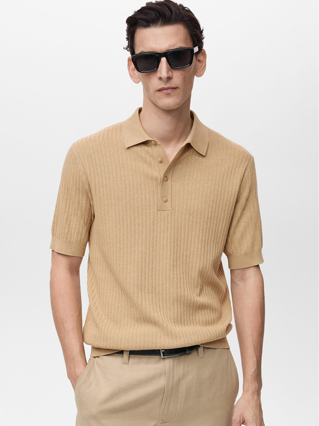 MANGO MAN Rib Knit Polo Collar T-shirt