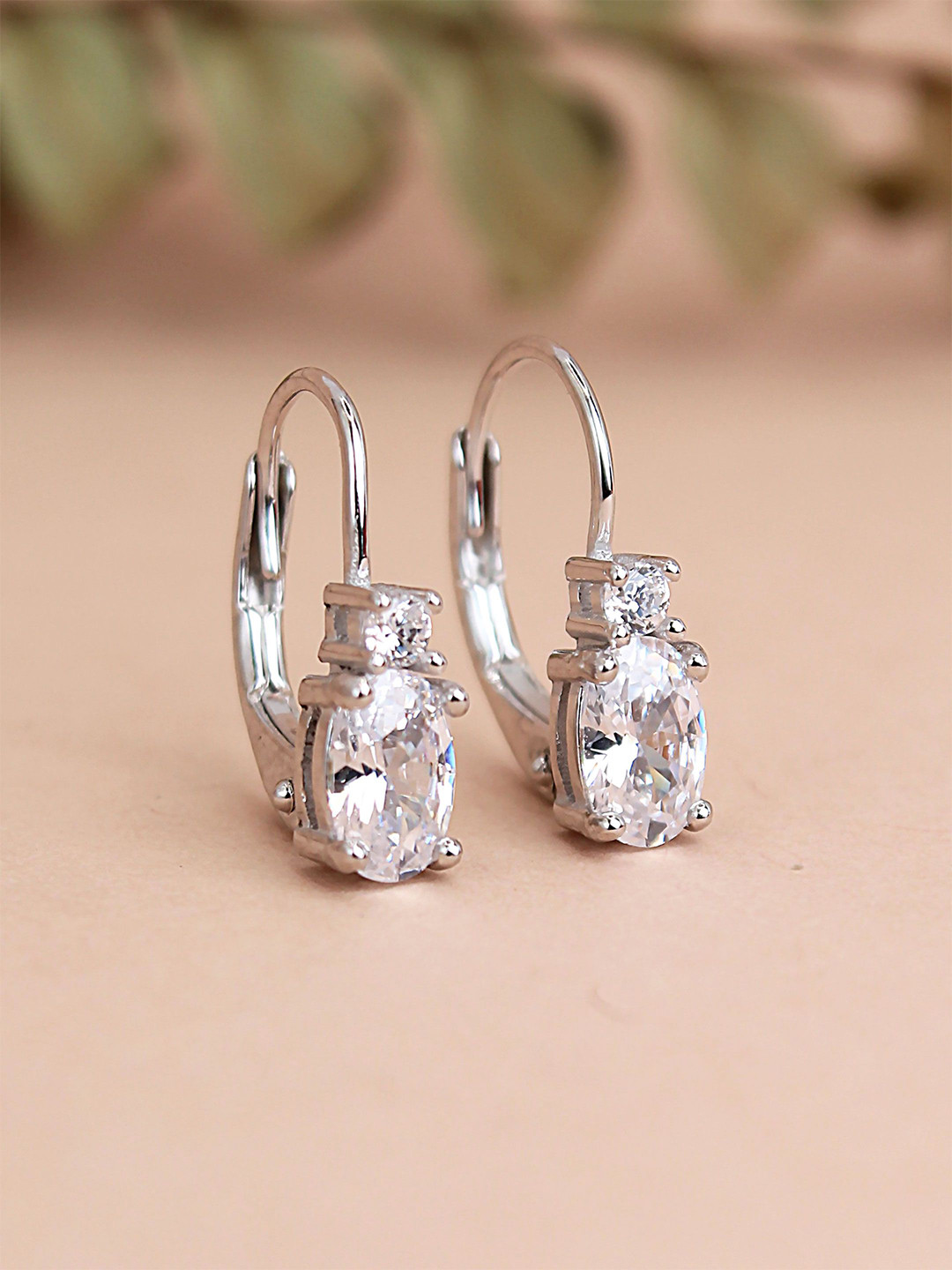 DEVASHREE 925 Silver Sterling Silver-Plated CZ Studded Oval Hoop Earrings