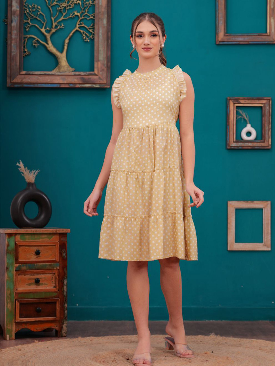 OH MI DIOS Yellow Polka Dots Print A-Line Knee Length Dress