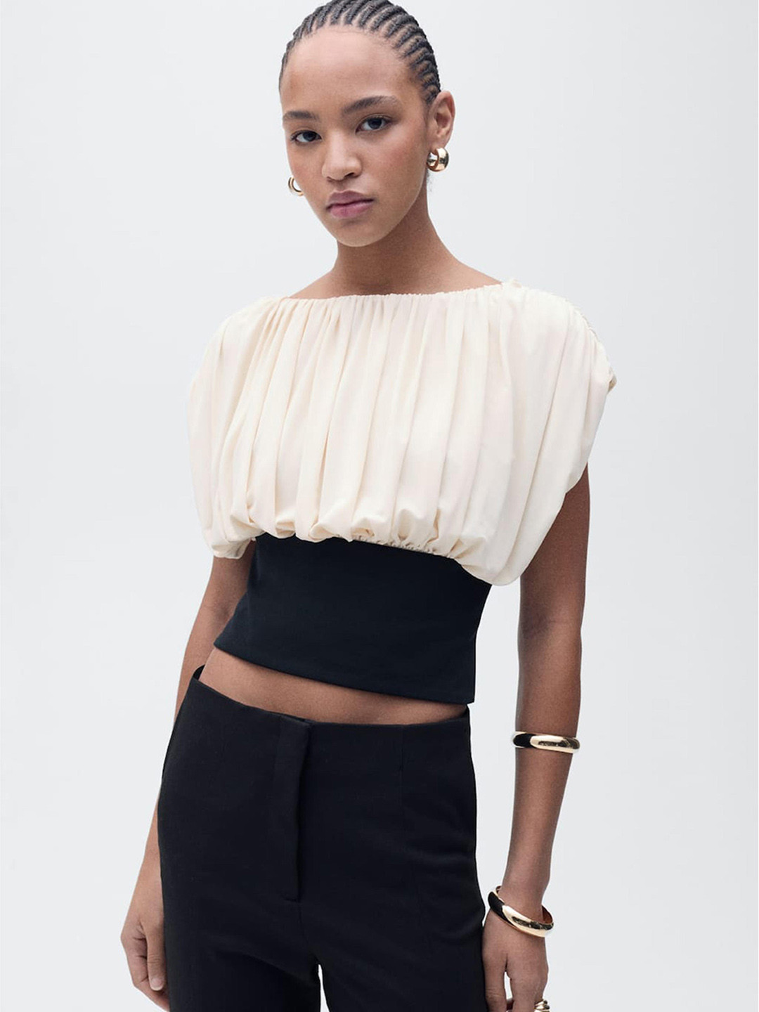 MANGO Combined Fabric Draped Cinched Waist Top