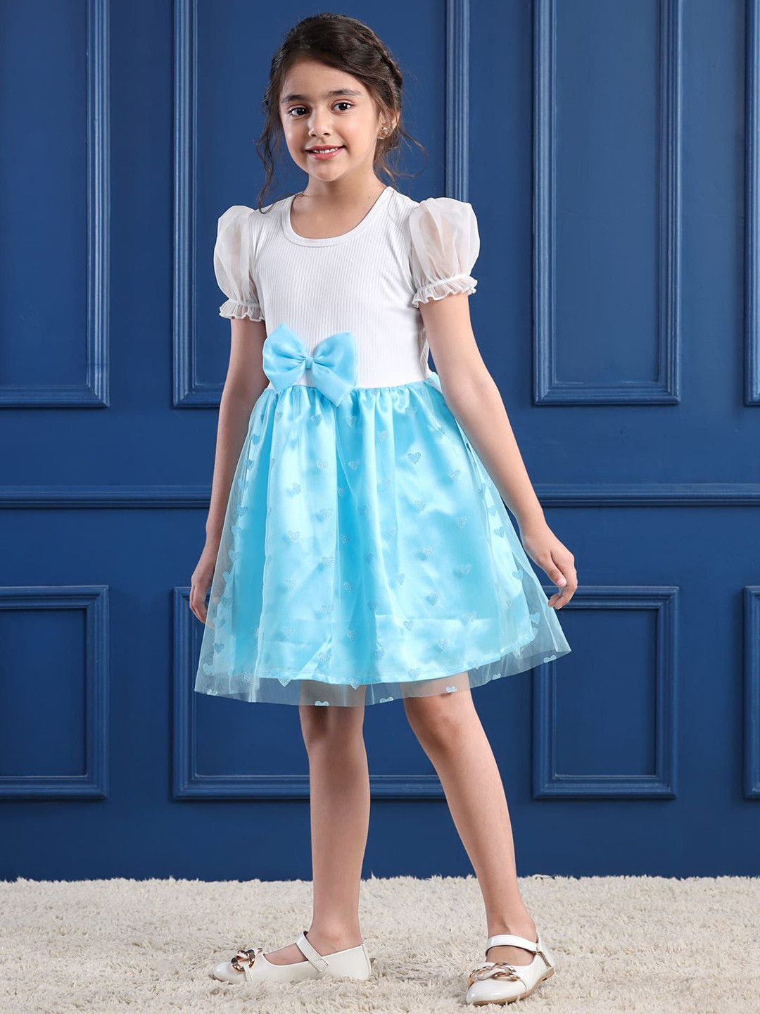 Mark & Mia Girl's Net Woven Half Puffed Sleeves Party Fit & Flare Dress