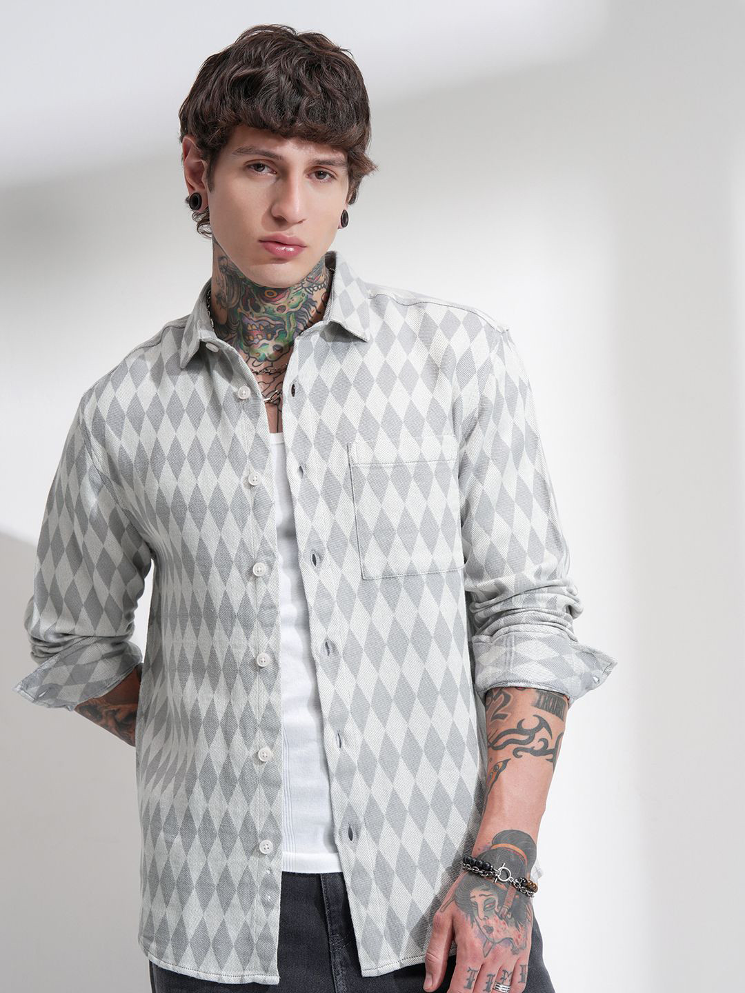 HIGHLANDER Men Comfort Relaxed Fit Geometric Printed Spread Collar Cotton Casual Shirt
