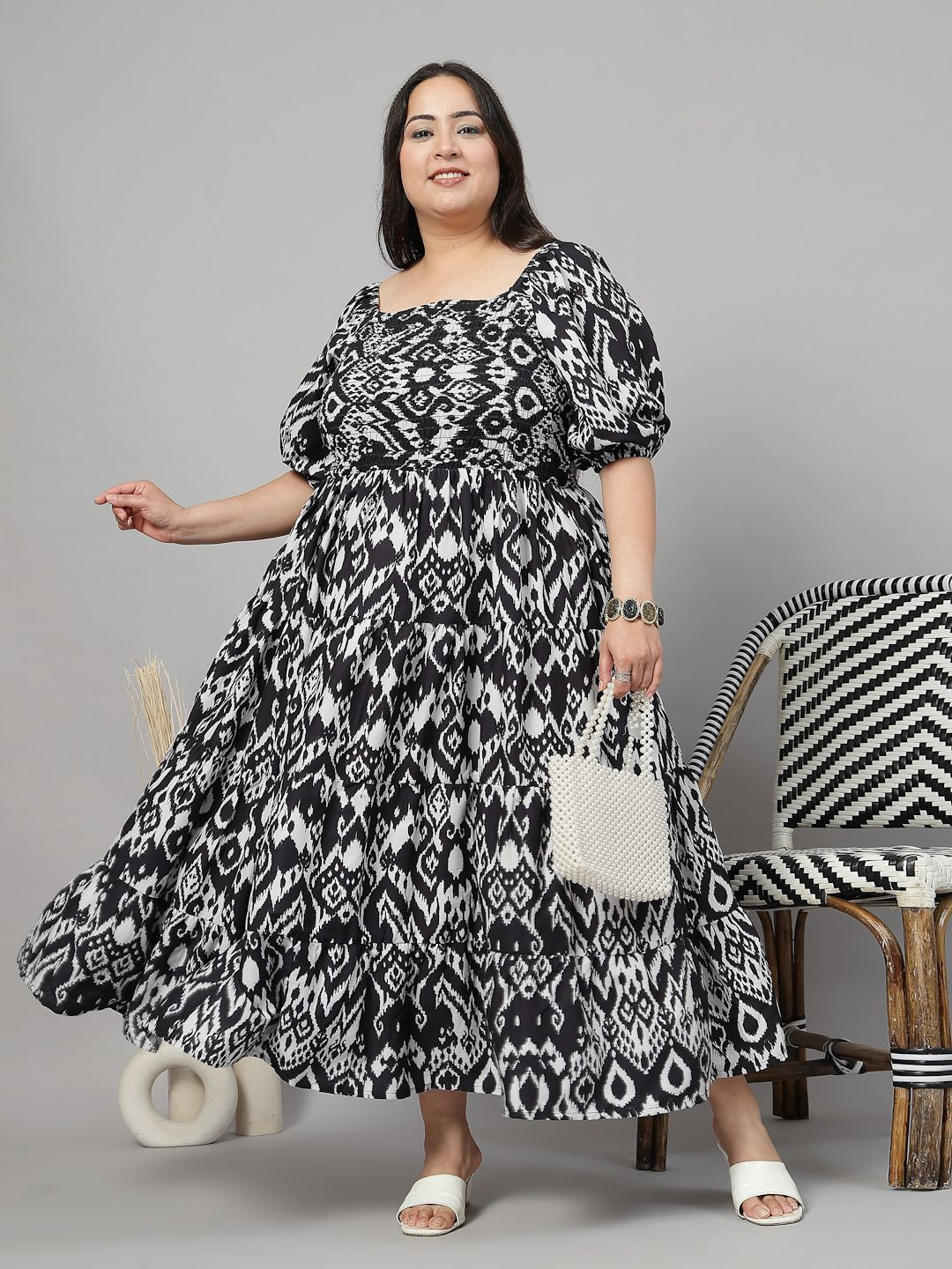 CURVE BY KASSUALLY Women Abstract Print Puff Sleeve Crepe Fit & Flare Maxi Dress