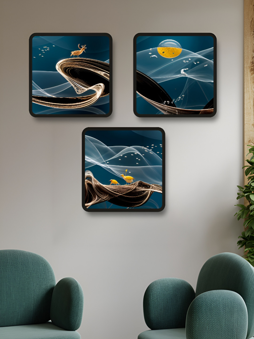 Aura Blue & Orange 3 Pieces Abstract Printed Wood Wall Art
