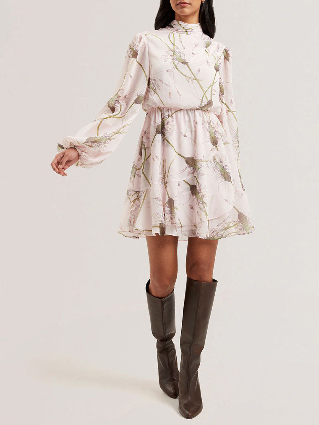 Ted Baker Women Floral Print Round Neck Puff Sleeves Fit & Flare Dress