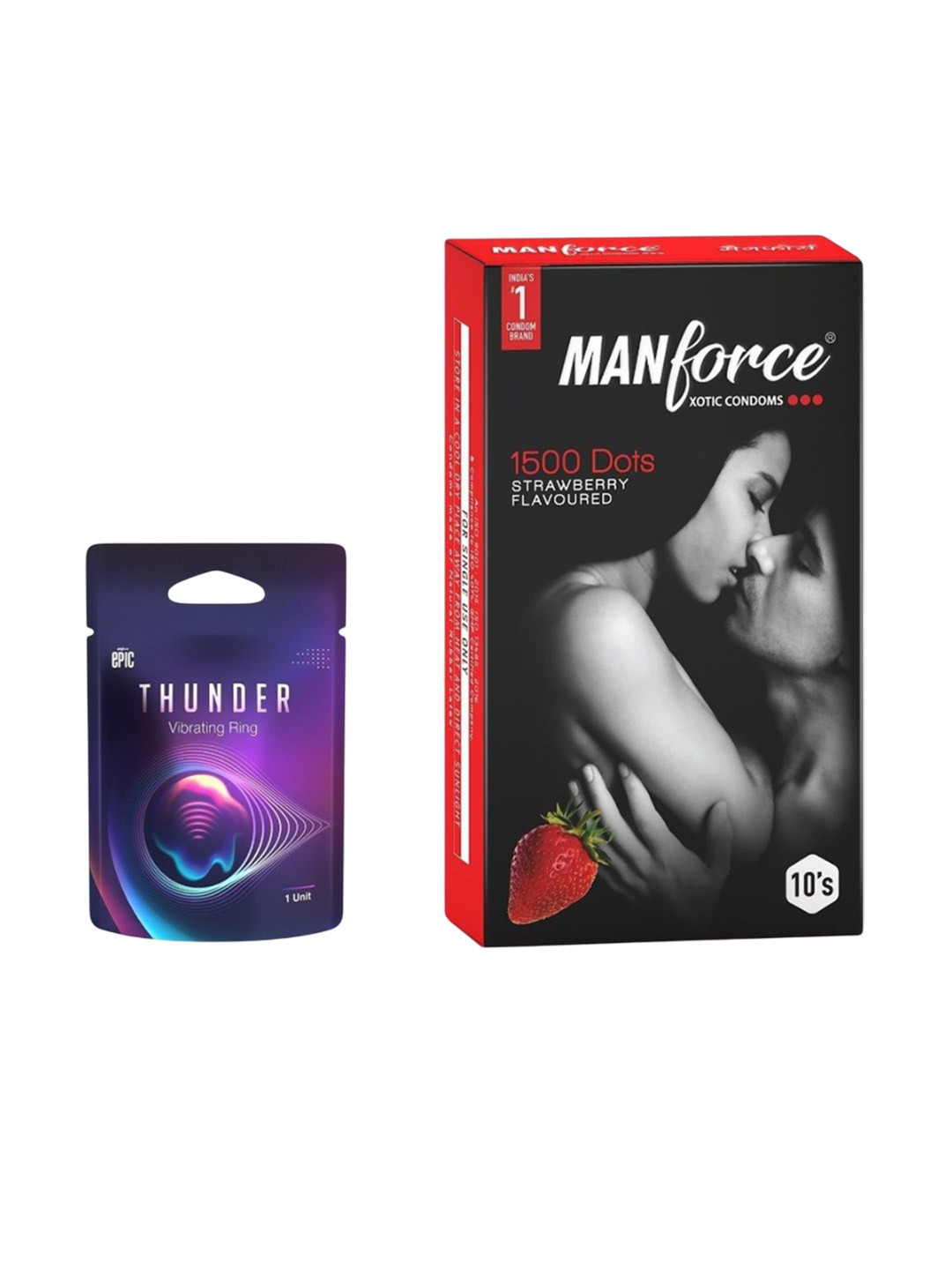 Manforce Set Of Epic Thunder Vibe Ring With Xotic 1500 Dots Strawberry Condom - 10Pcs Each