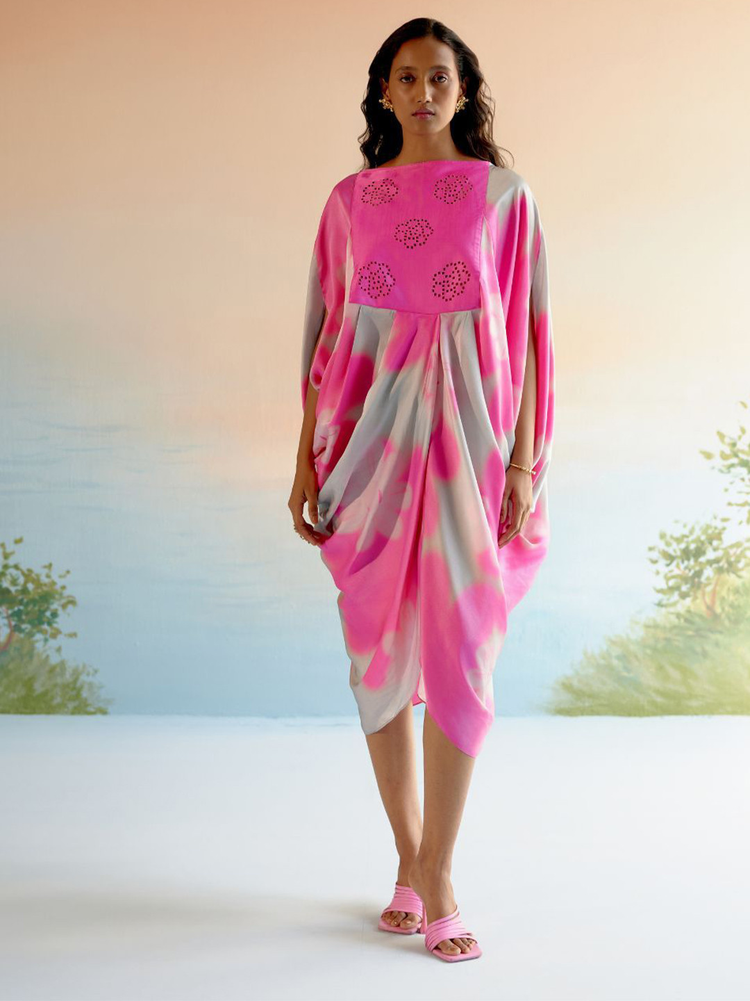 ECHO STUDIO Women Kimono Sleeves Curved A-Line Midi Dress