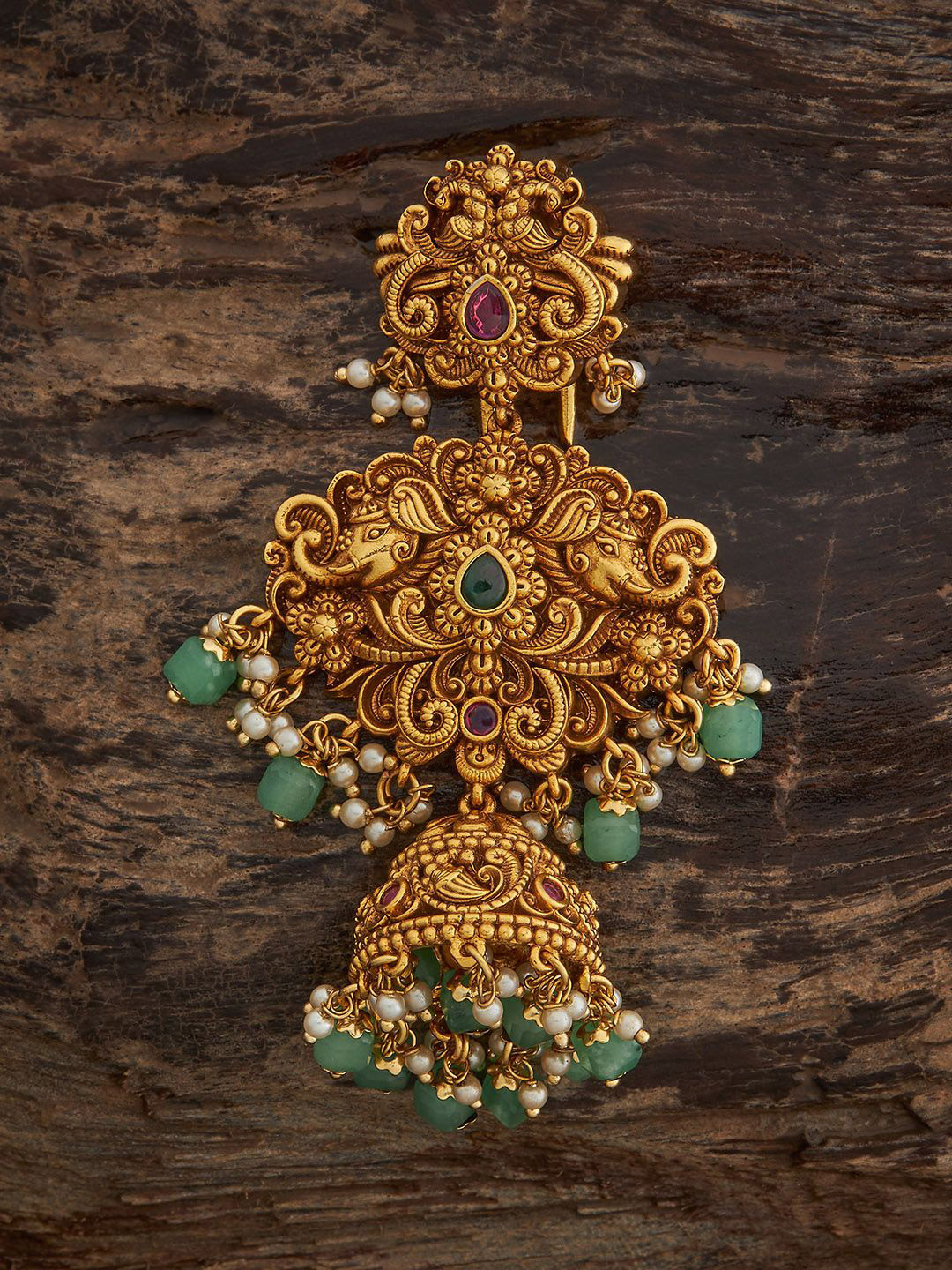 Kushal's Fashion Jewellery Women Ruby-Green Gold-Plated Ethnic Antique Hair Broach