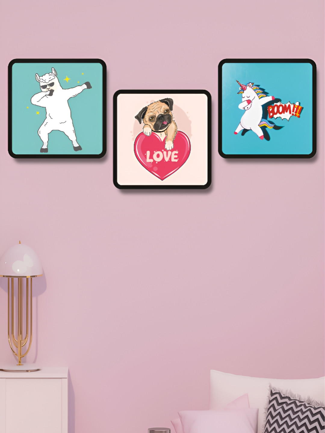 Aura Blue & Pink 3 Pieces Cartoon Wall Paintings
