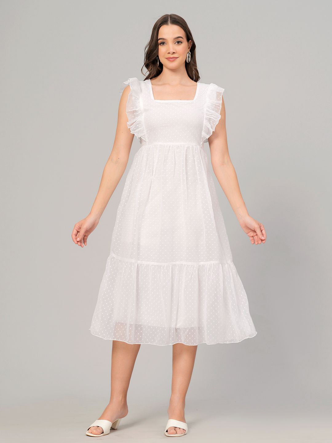 OH MI DIOS Women White Flutter Sleeve Georgette Midi Dress