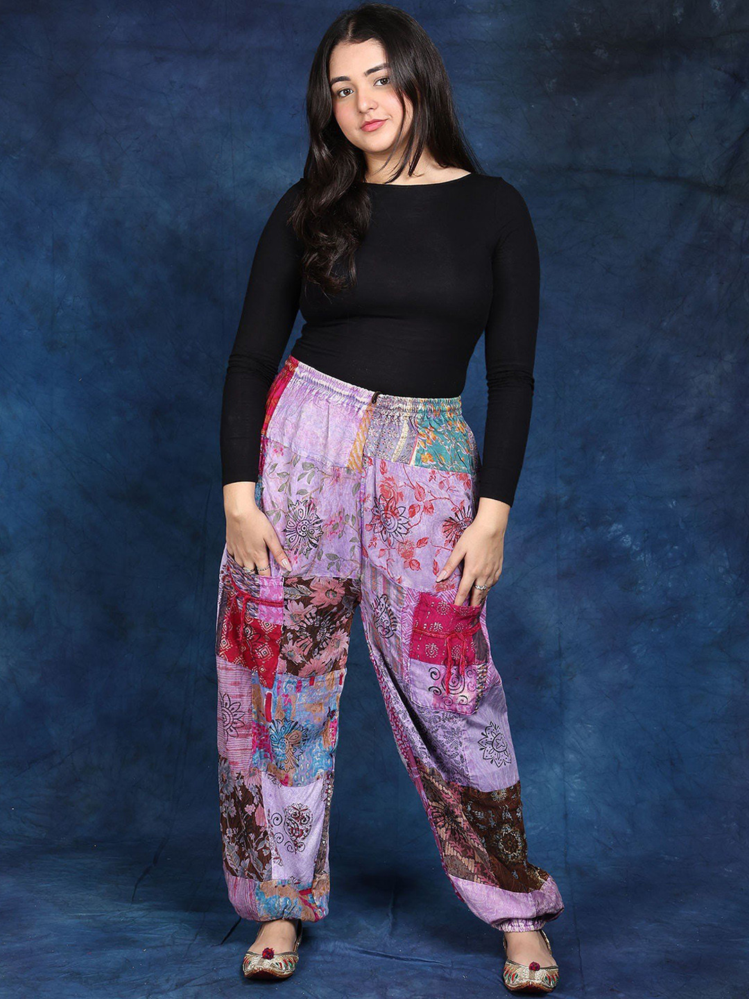 Exotic India Pure Cottom Multicolor Printed Patchwork Trouser with Elastic Waist