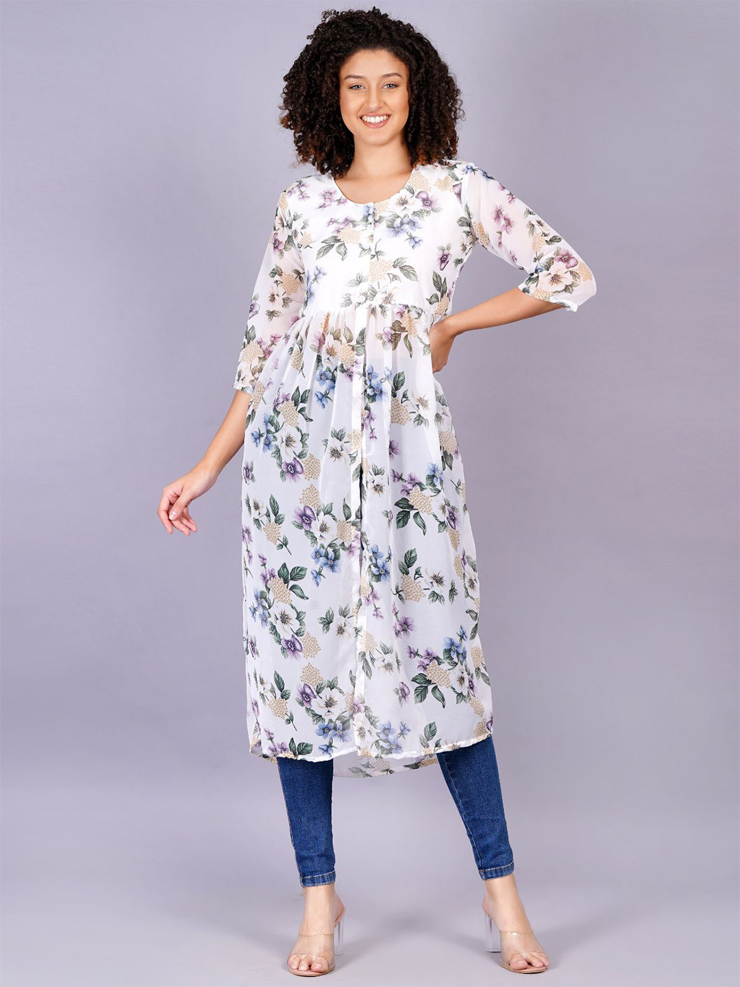 OH MI DIOS Women Pure Georgette Floral Printed Empire Straight Kurtis