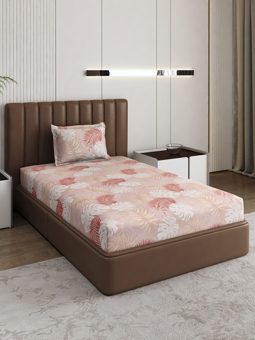 Monte Carlo Velar Pink Leaf Polyester Breathable 120 TC Single Bedsheet with a Pillow Cover-152 x 230 cm