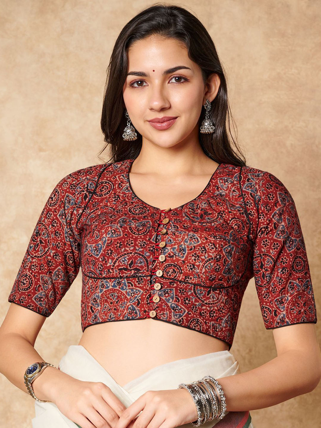 SALWAR STUDIO Ajrakh Hand Block Printed Round Neck Pure Cotton Readymade Blouse