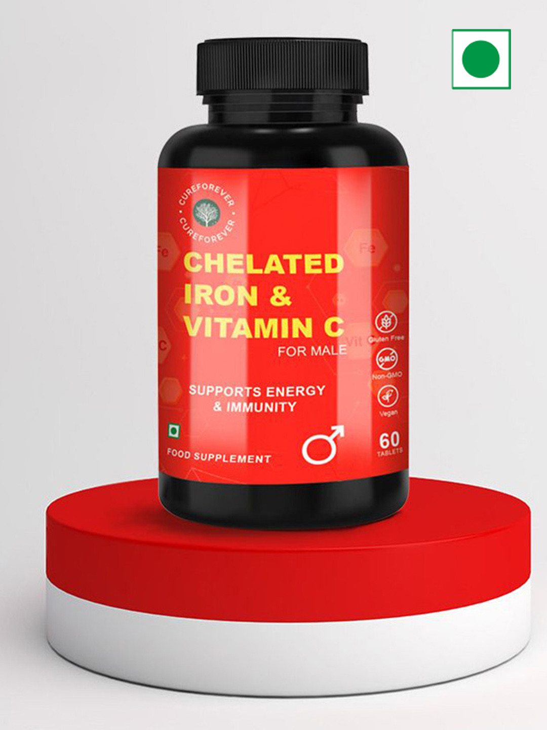 CureForever Chelated Iron & Vitamin C Tablets For Energy - 60 Tablets