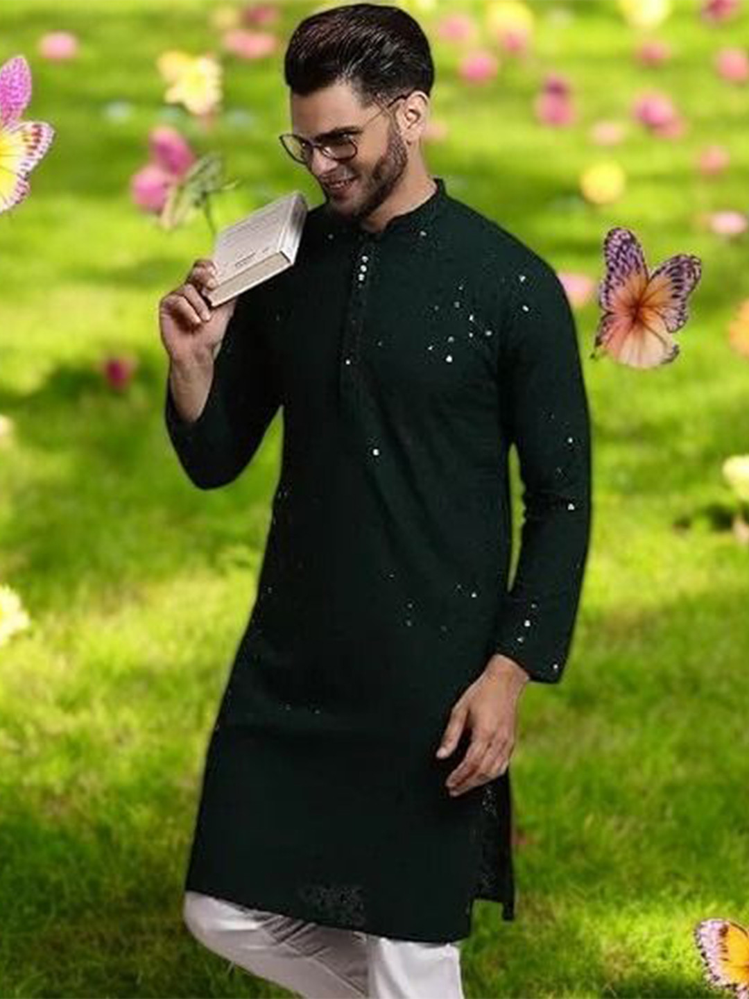 Atly Geometric Embroidered Mandarin Collar Sequinned Straight Kurta