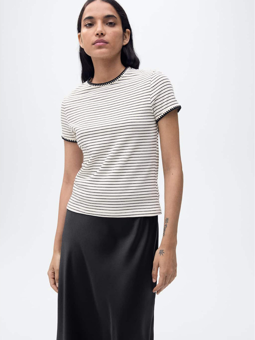 MANGO Women Contrast Stitch Striped T-shirt
