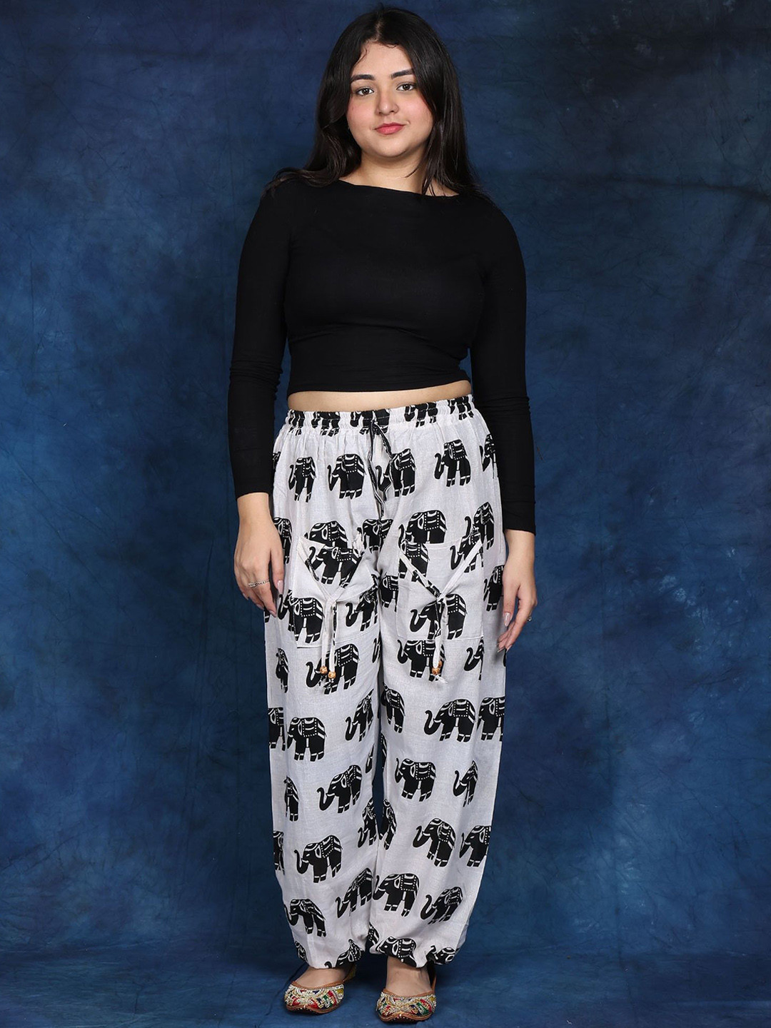 Exotic India Women Elephant Printed Yoga Regular Trousers and Front Pockets