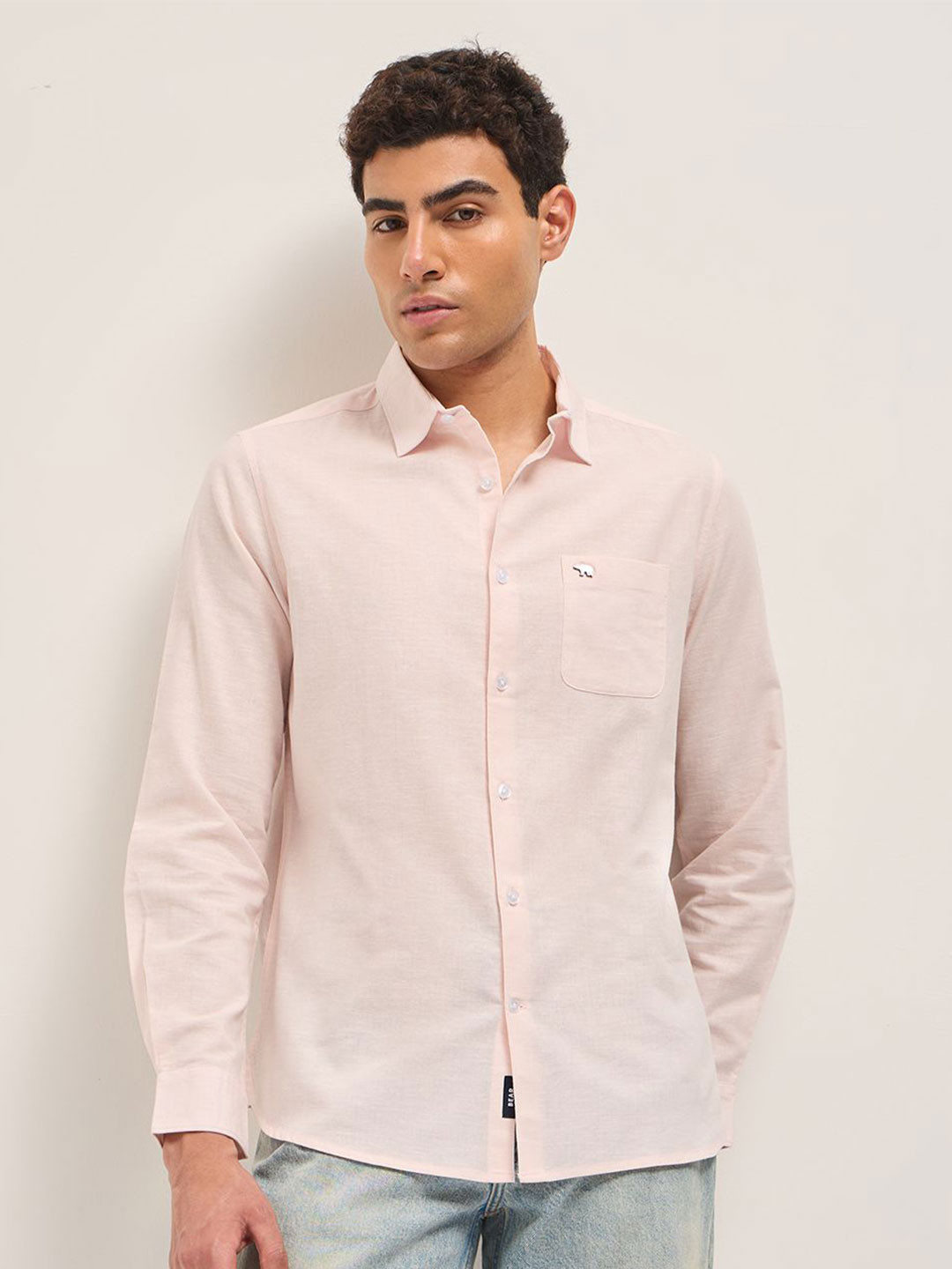 THE BEAR HOUSE Men Slim Fit Solid Spread Collar Casual Cotton Linen Shirt