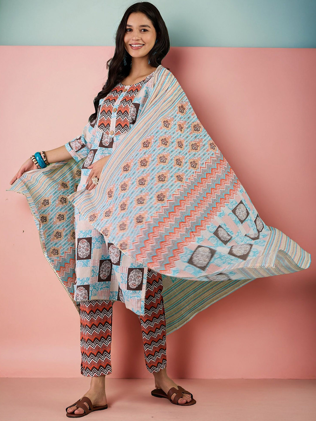 SAHASIKA Women Pure Cotton Designer Yoke Kurta With Trouser and Dupatta Set