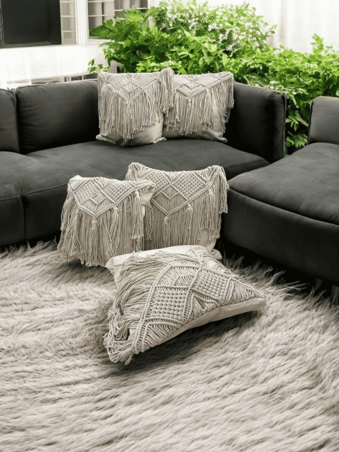 LUSHLYF Off White 5 Pieces Geometric Macrame Textured Cotton Square Cushion Covers