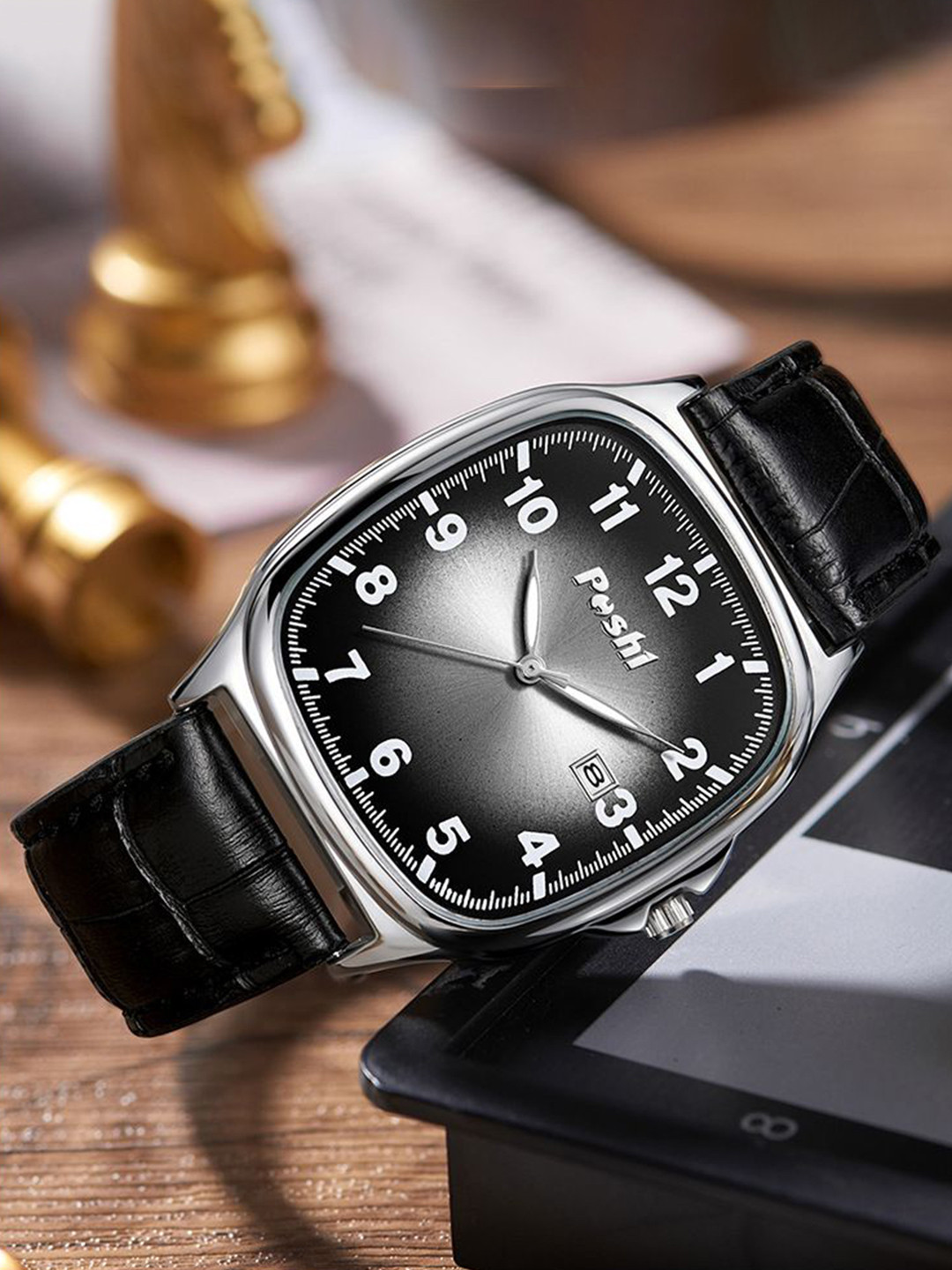 Poshi Men Square Dial Genuine Leather Strap Watch with Adjustable Clasp