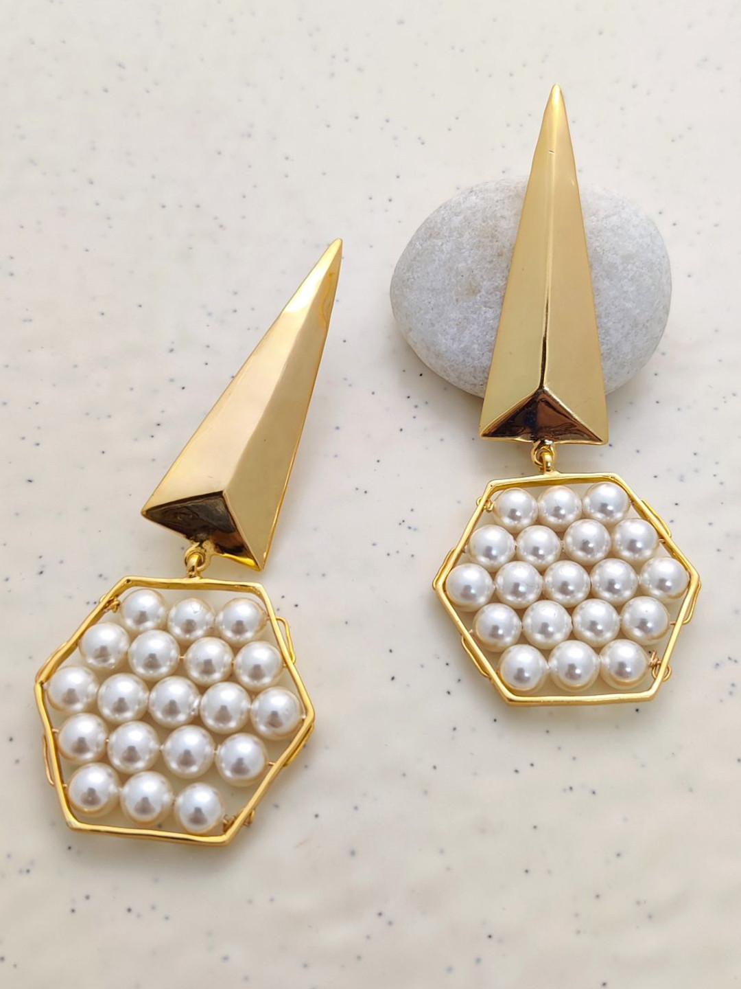 Mokshali Jewelry 18KT Gold-Plated Pearls Beaded Hexagon Harmony Geometric Drop Earrings