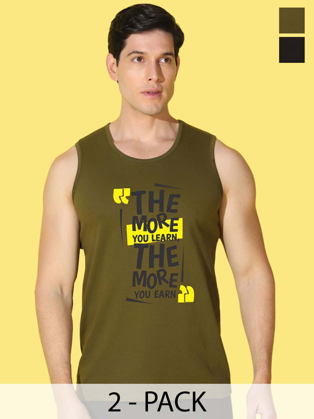 WOOSTRO Pack Of 2 Printed Combed Cotton Gym Vests VWS26(ALONE BLACK)(MORE OLIVE)