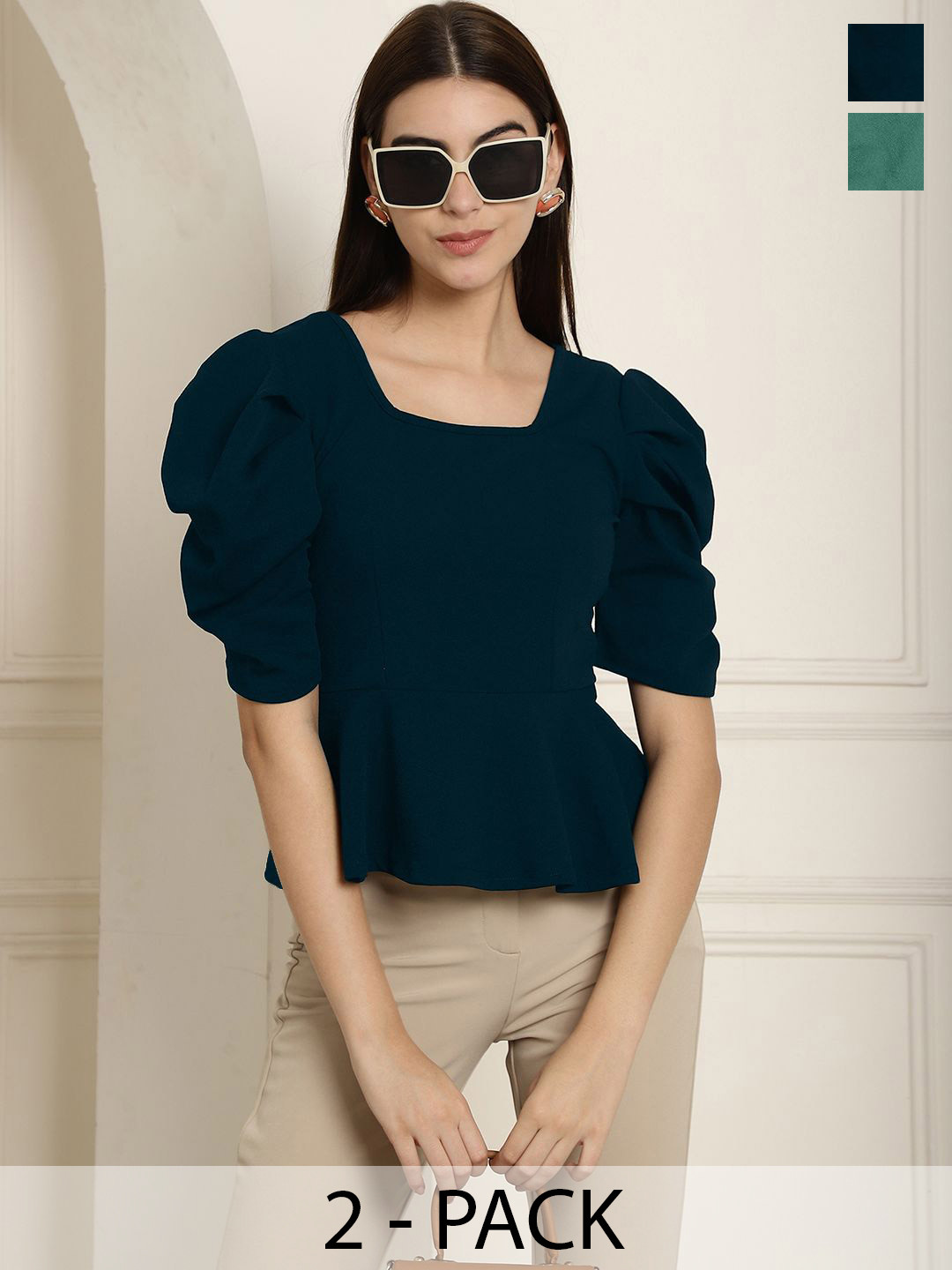 Metronaut Valentino Women Pack Of 2 Puff Sleeve Peplum Top