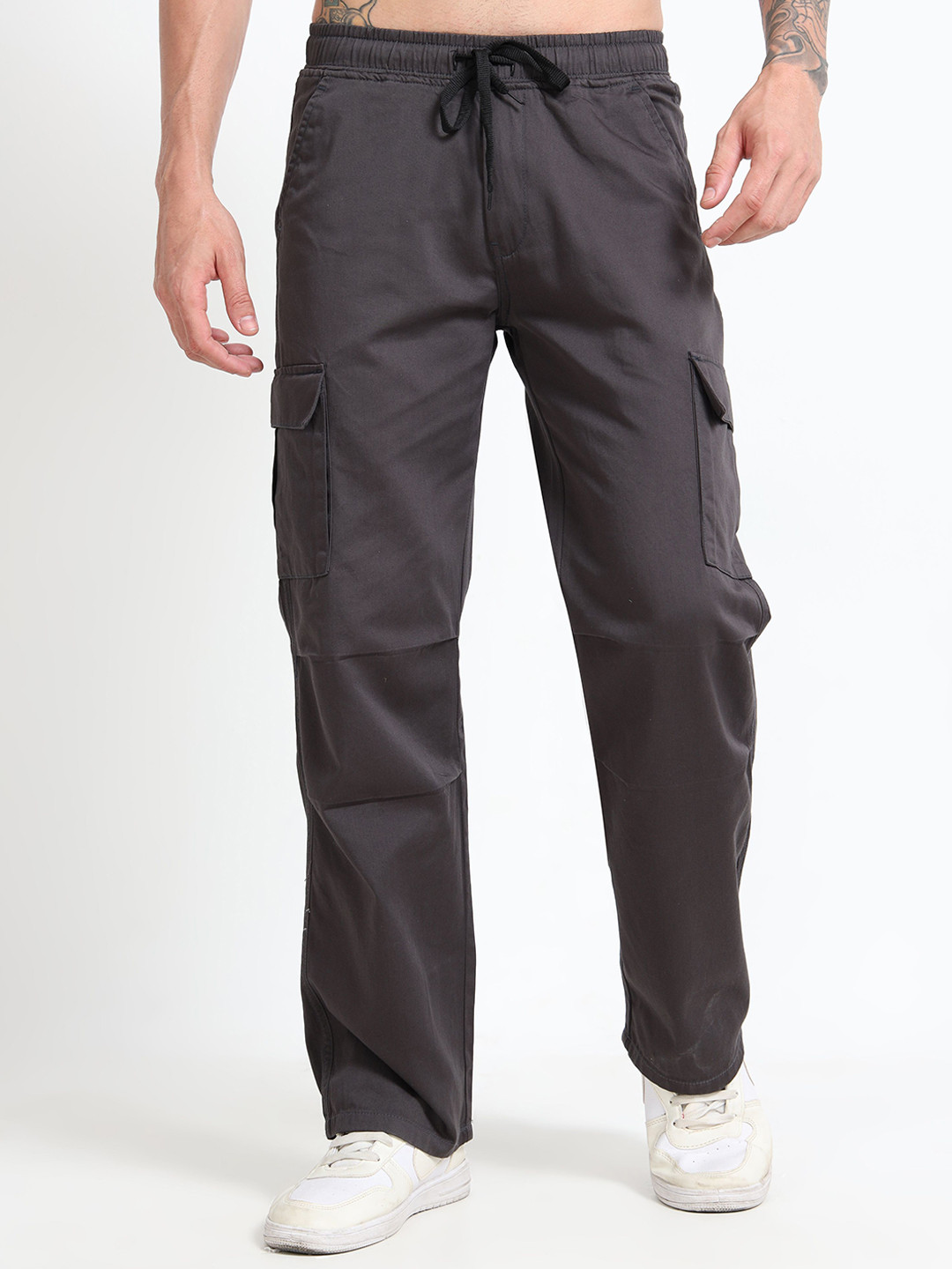 U.S. PITCHERS Men Relaxed Straight Leg Loose Fit Low-Rise Cotton Cargos