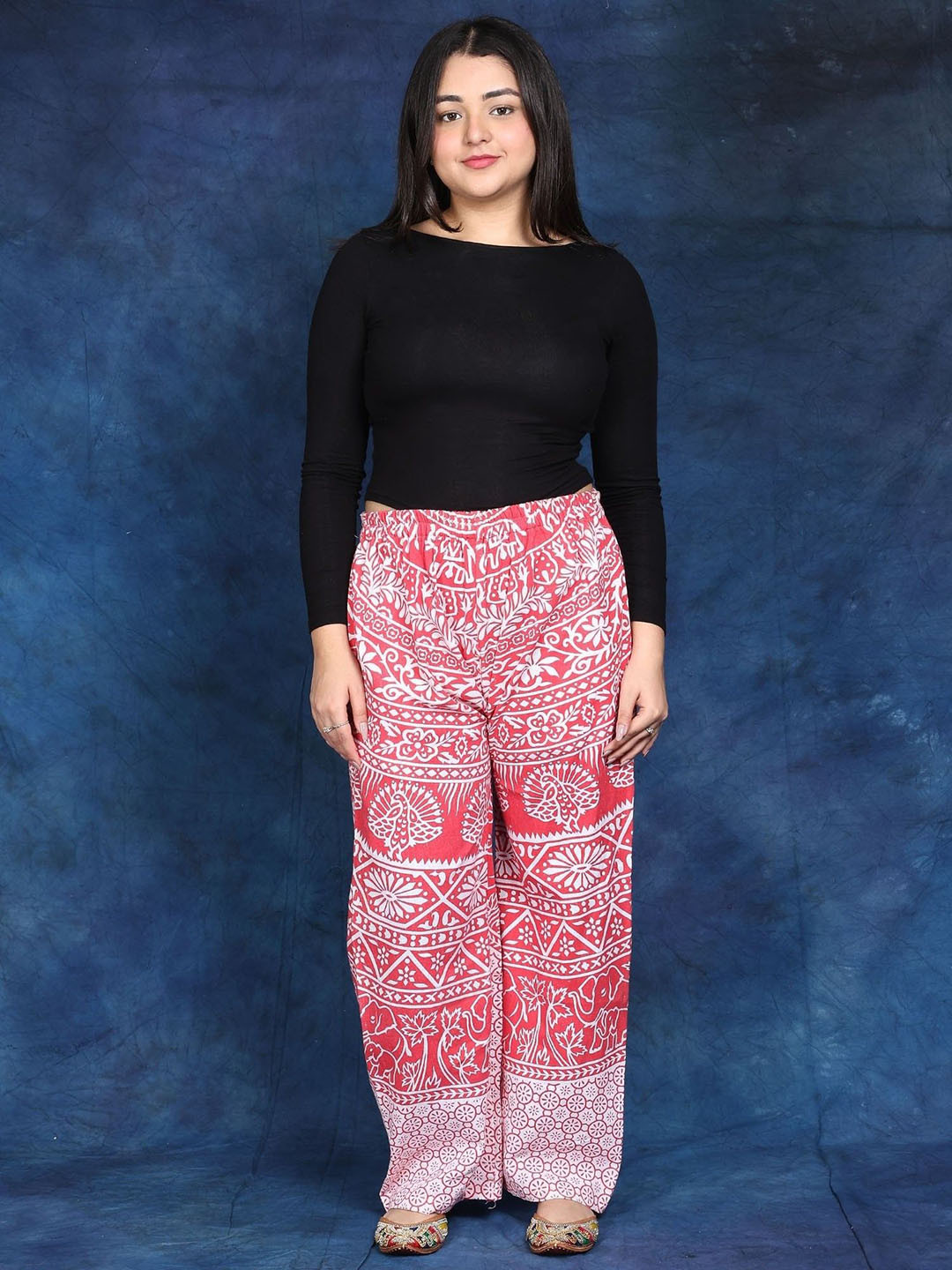 Exotic India Casual Pure Cotton Trousers From Pilkhuwa with Printed Palm Trees