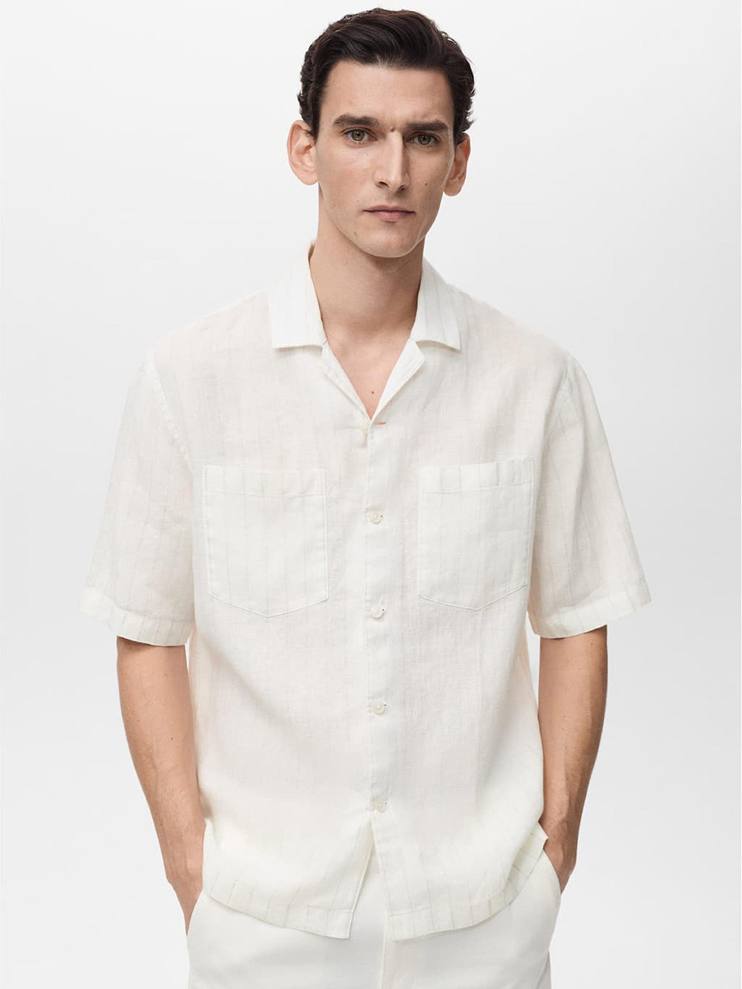 MANGO MAN Pure Linen Textured Opaque Casual Shirt