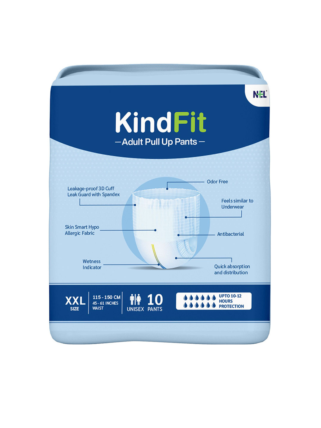 Kindfit 10 Pcs Antibacterial Adult Pull-Up Pants 10 Pads - XXL