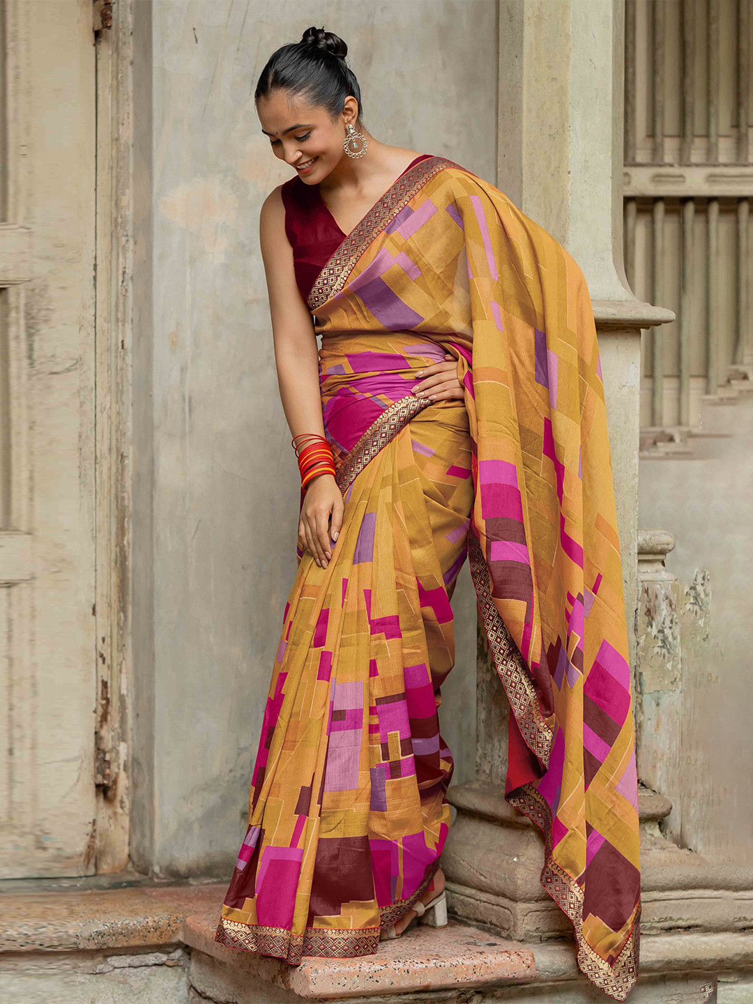 KALINI  FASHION Printed Zari Border Ready to Wear Saree