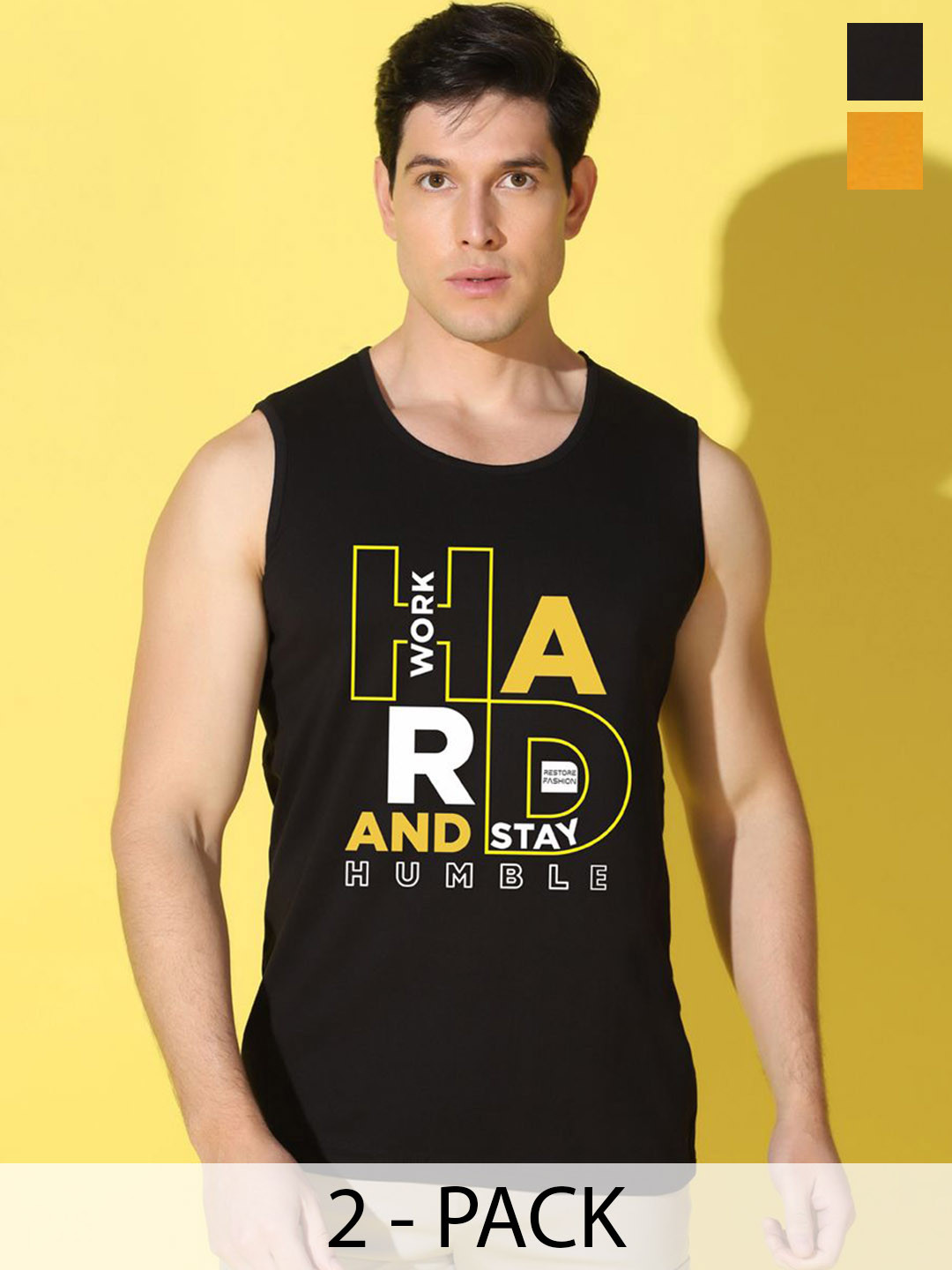 WOOSTRO Pack Of 2 Printed Combed Cotton Gym Vests VWS26(HARD BLACK)(HARD MUSTARD)