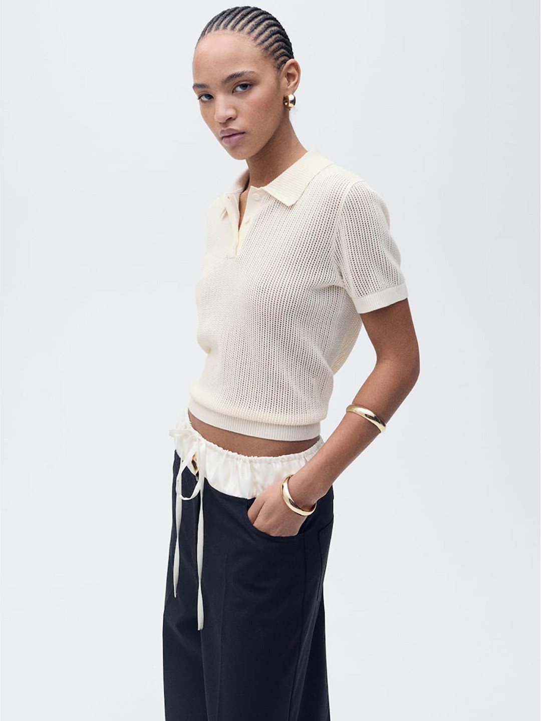 MANGO Knitted Polo Collar Top