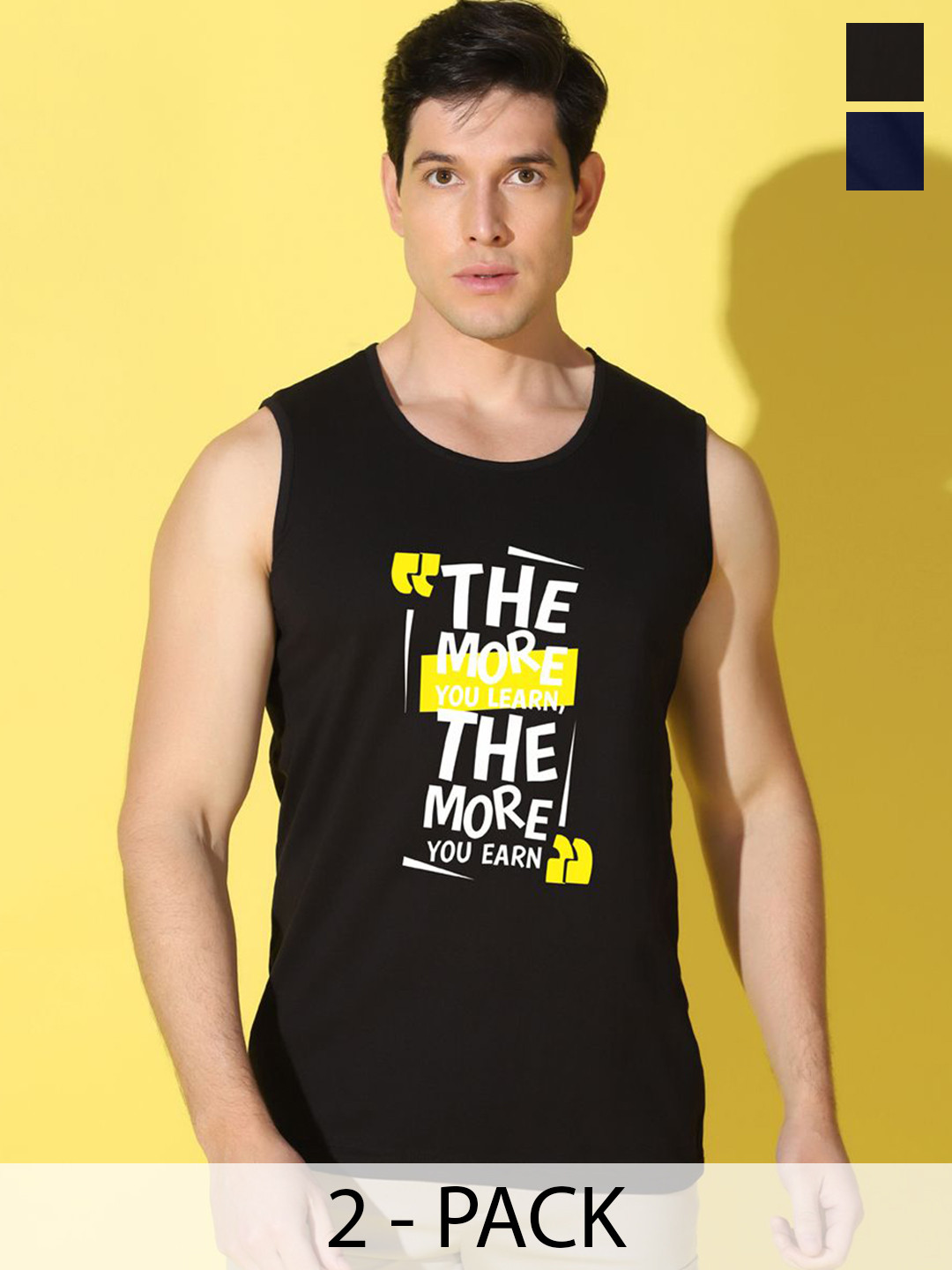WOOSTRO Men Pack Of 2 Printed Cotton Gym Vests  VWS26(MORE BLACK)(BKLN NAVY)