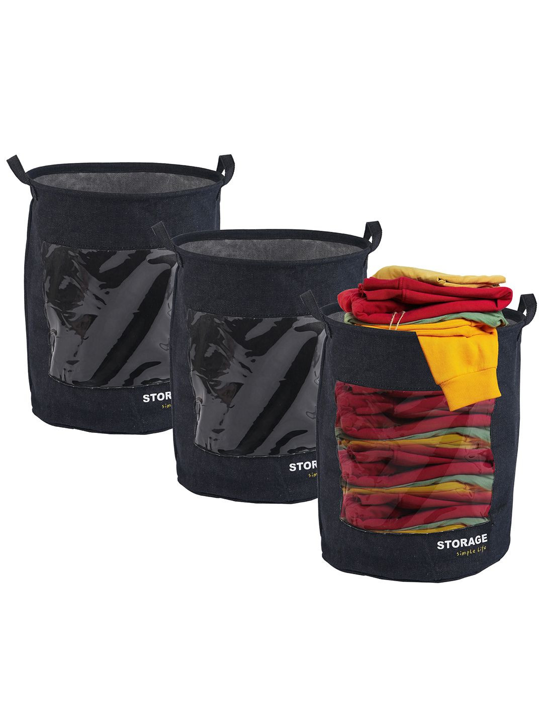 Kuber Industries Black & Transparent 3 Pieces Washing Clothes Baskets 36L