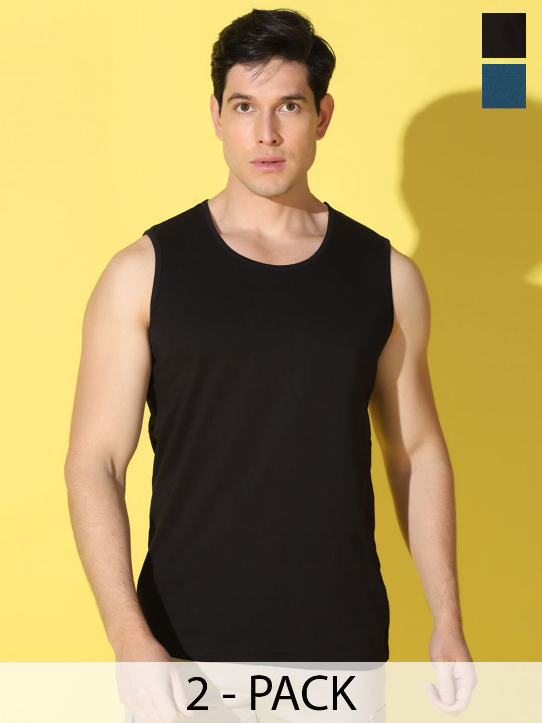 WOOSTRO Pack Of 2 Printed Super Combed Cotton Gym Vests VWS26(PLAIN BLACK)(RUN PEACOCK)