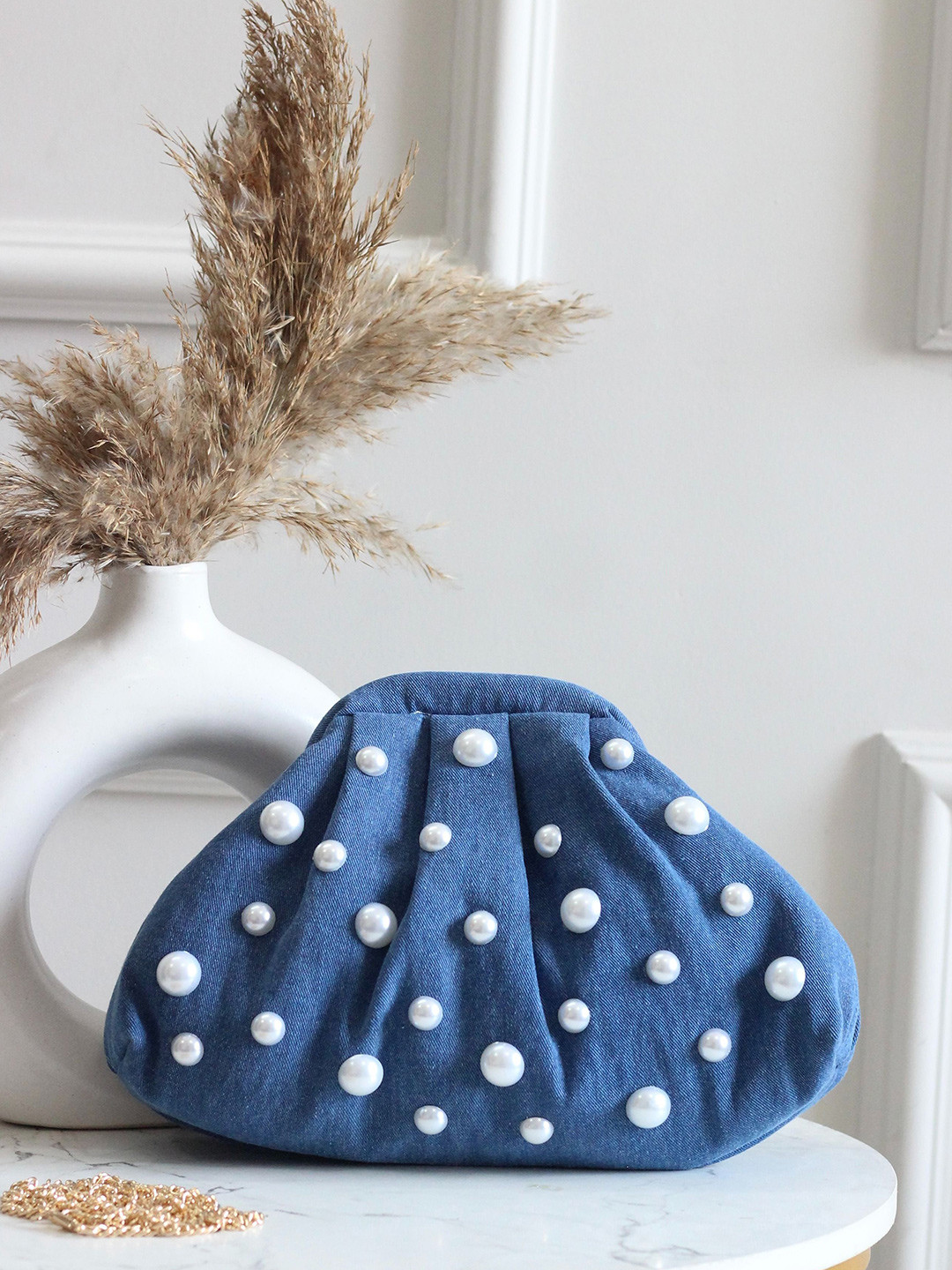 BOXWISH BY BHUMIKA Denim Pearls Embosed Embellished Purse Clutch