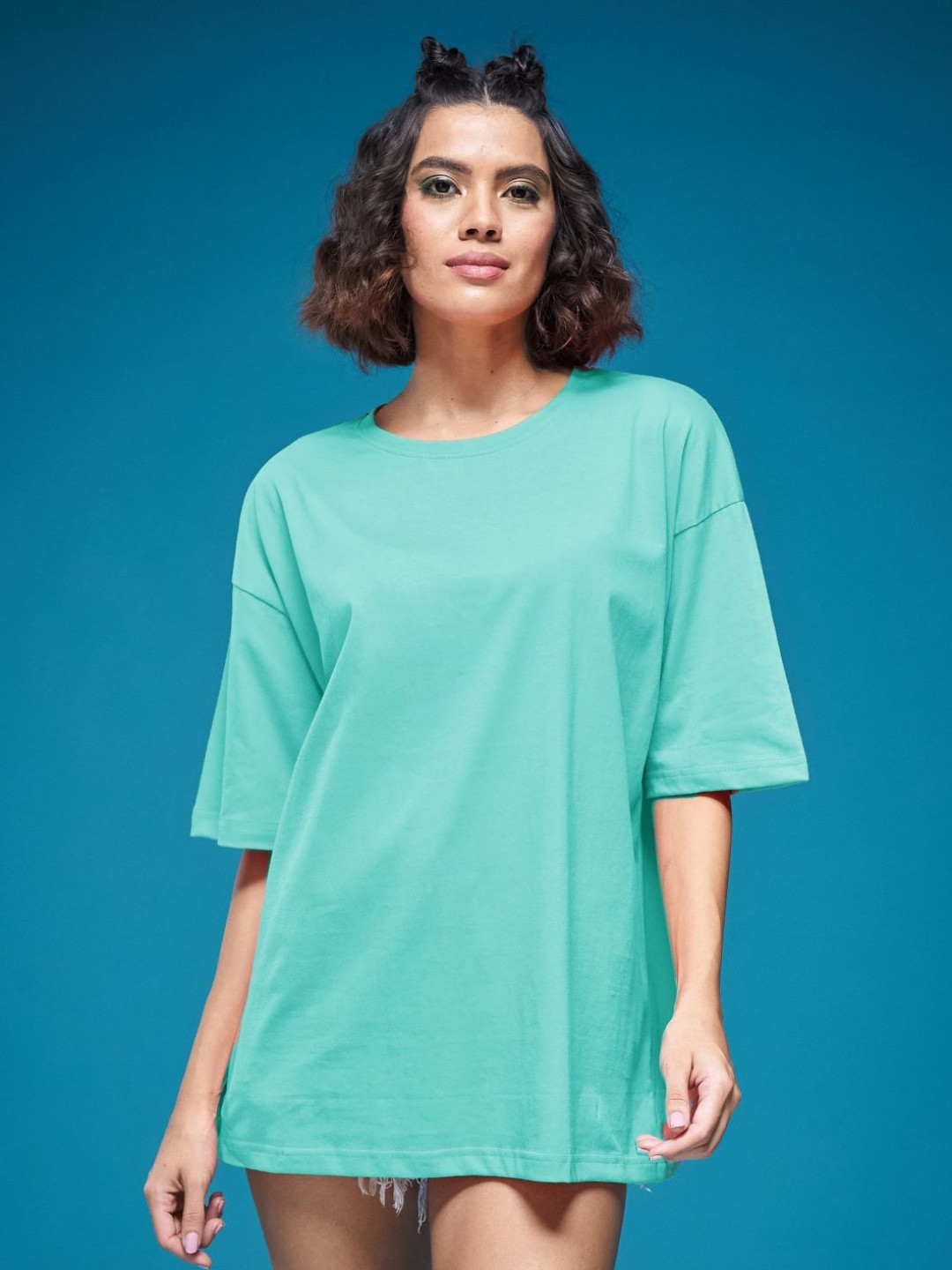 SMARTEES Women Solid Round Neck Cotton Oversized T-shirt