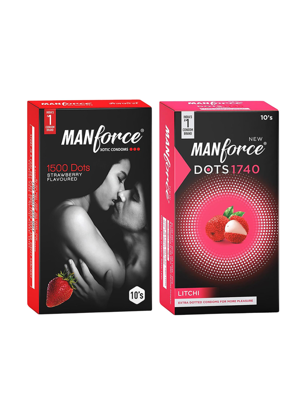 Manforce Men 2Pcs 1500 Dots Strawberry Condoms & Dots 1740 Lichi Condoms - 10 Pcs Each